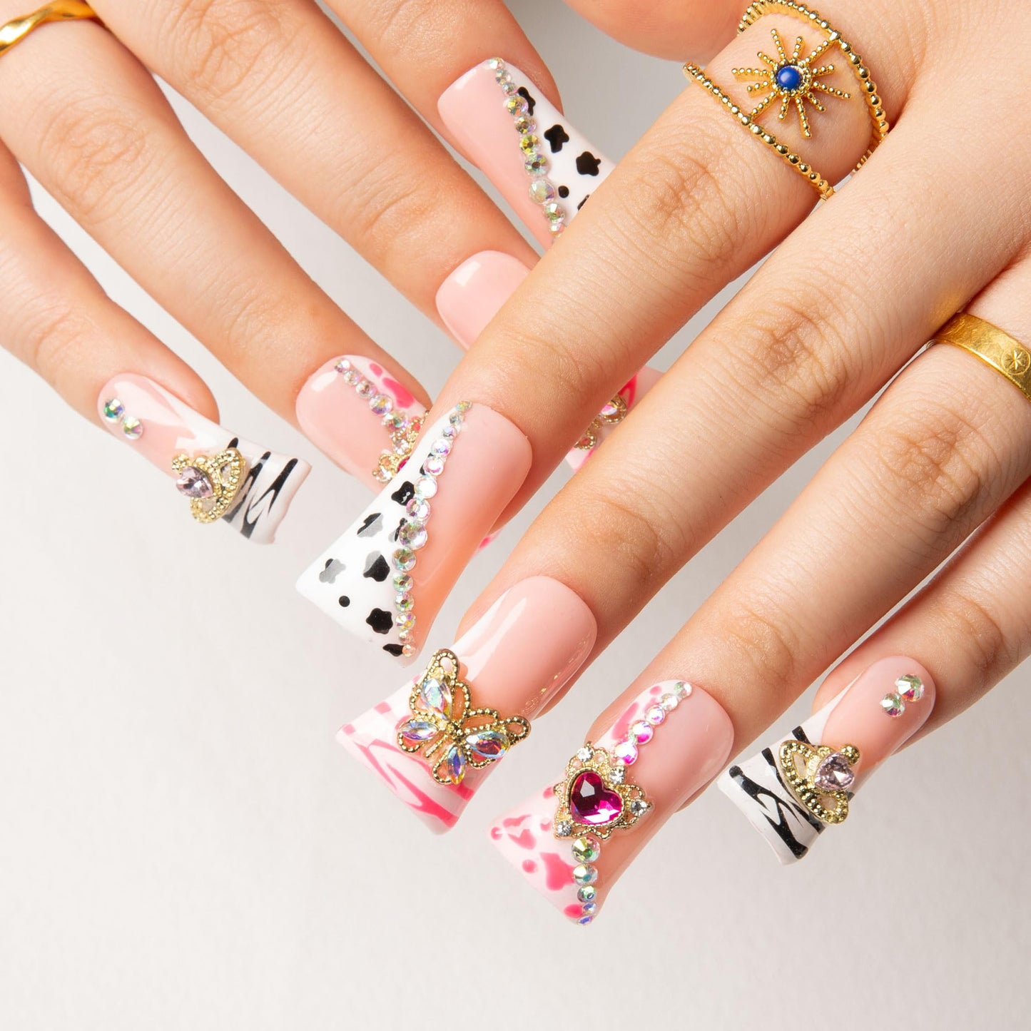LOVFUL Press on Duck Nails Salon Quality Rolling Luxe Curve | Handmade Acrylic with Full Covered Crystals | Reusable Fake Nails | Duck Classic Regular 1.3 in | H144-L