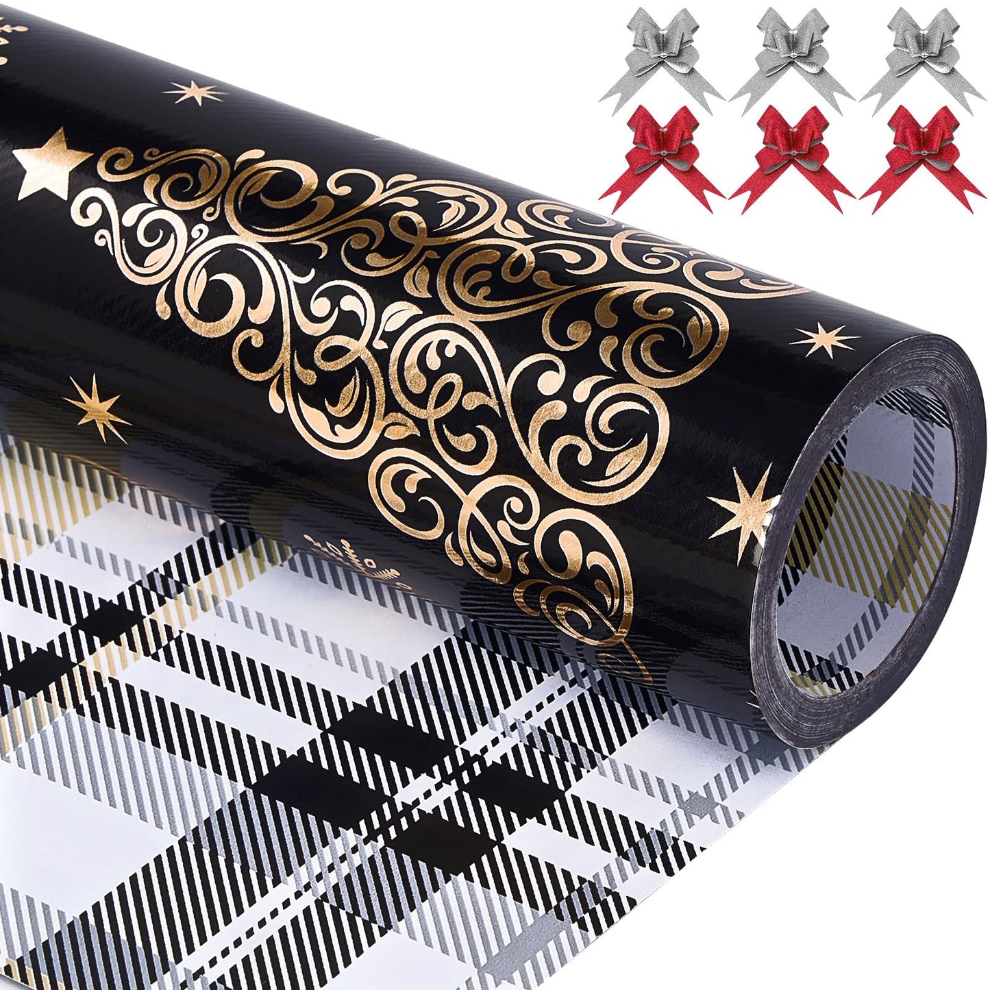 EWES Black Christmas Wrapping Paper Rolls Set, Cute Princess Kids Thick Aesthetic Elegant Girls Girly Heavy Duty Gift Wrap Sheets,Patterns with Christmas Tree,Reversible,Total 48.6sq.ft