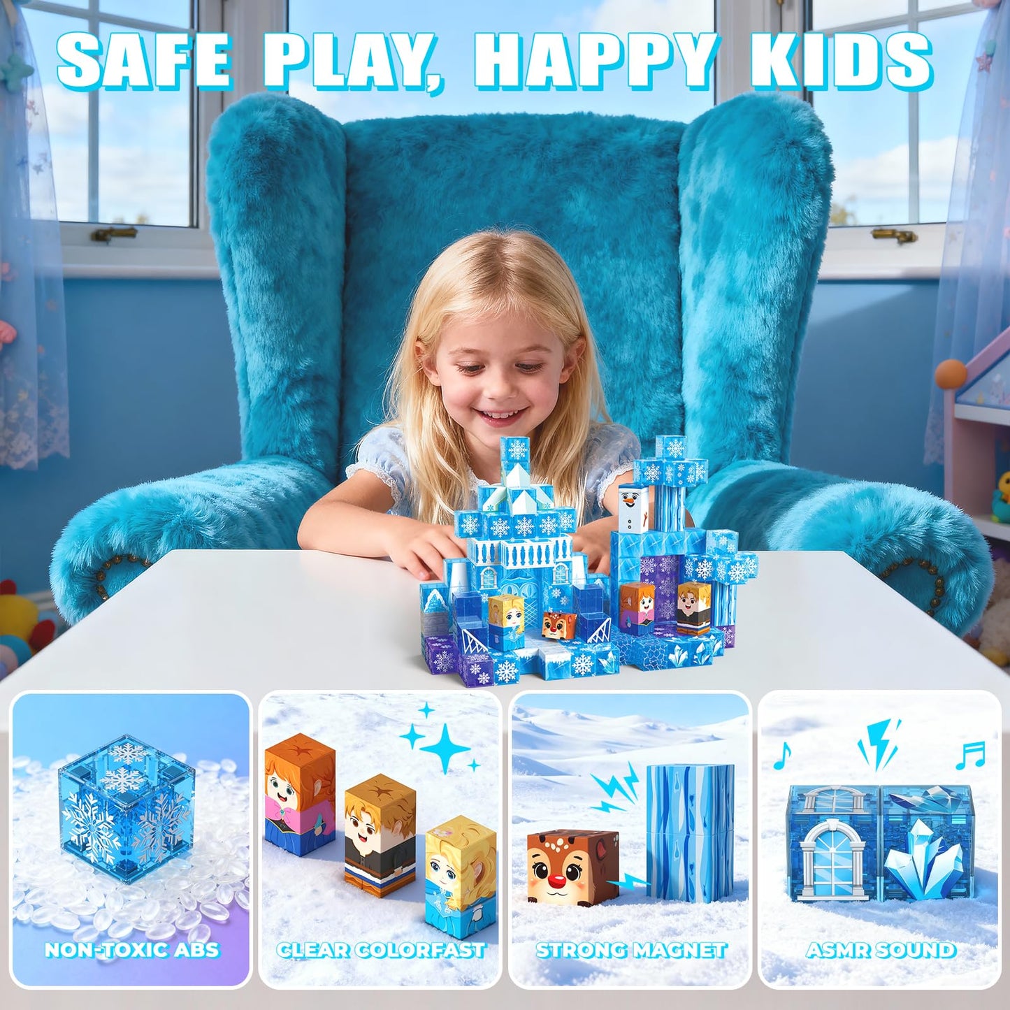 SSAWER Magnetic Blocks, 150PCS Magnetic Building Blocks, Stacking Magnets for Kids, Sensory Toy for STEM Constructions Magnet Blocks for Girls Age 3+, Christmas Birthday Gifts (Snow Castle)
