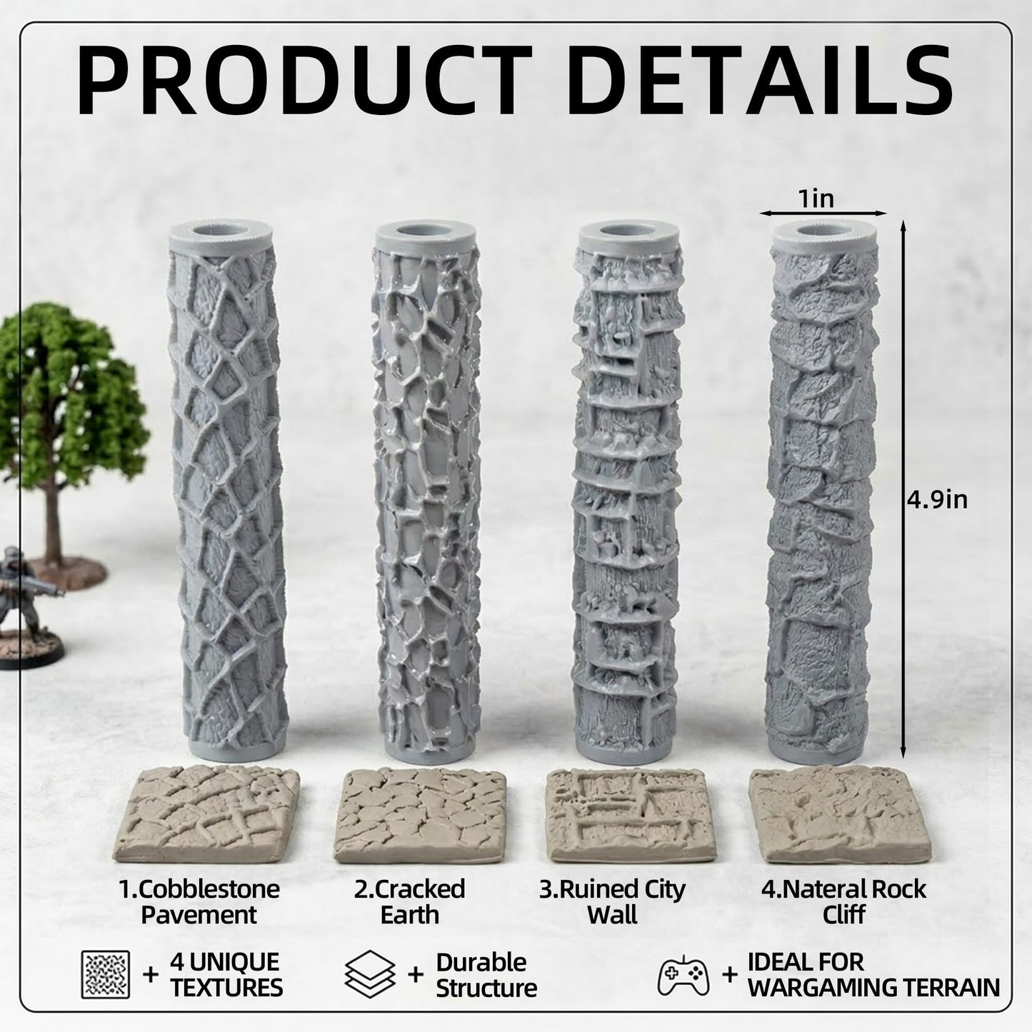 Warmtree 4 Pcs Terrain Texture Roller Set Polymer Clay Texture Roller for DIY Modeling Scenic Terrain Wall Road Model Miniatures Landscape