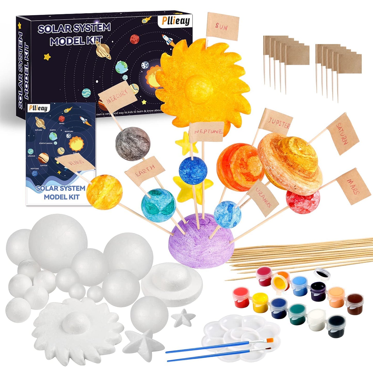 Pllieay 63PCS Solar System Foam Ball Kit Includes Color Pigments, Palette, Mixed Sized Polystyrene Spheres Balls, Toothpick Flag, Painting Brushes, Bamboo Sticks for Back to School Science Projects