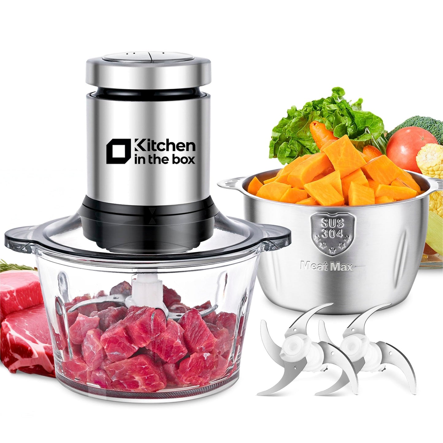 Kitchen in the box Food Processor, Electric Meat Grinder & Food Chopper with 400W Powerful Veggie Chopper-2 Bowls（8 Cup+8 Cup） & 2 Bi-Level Blades for Meat/Fish/Vegetable/Baby Food（Sliver Button）
