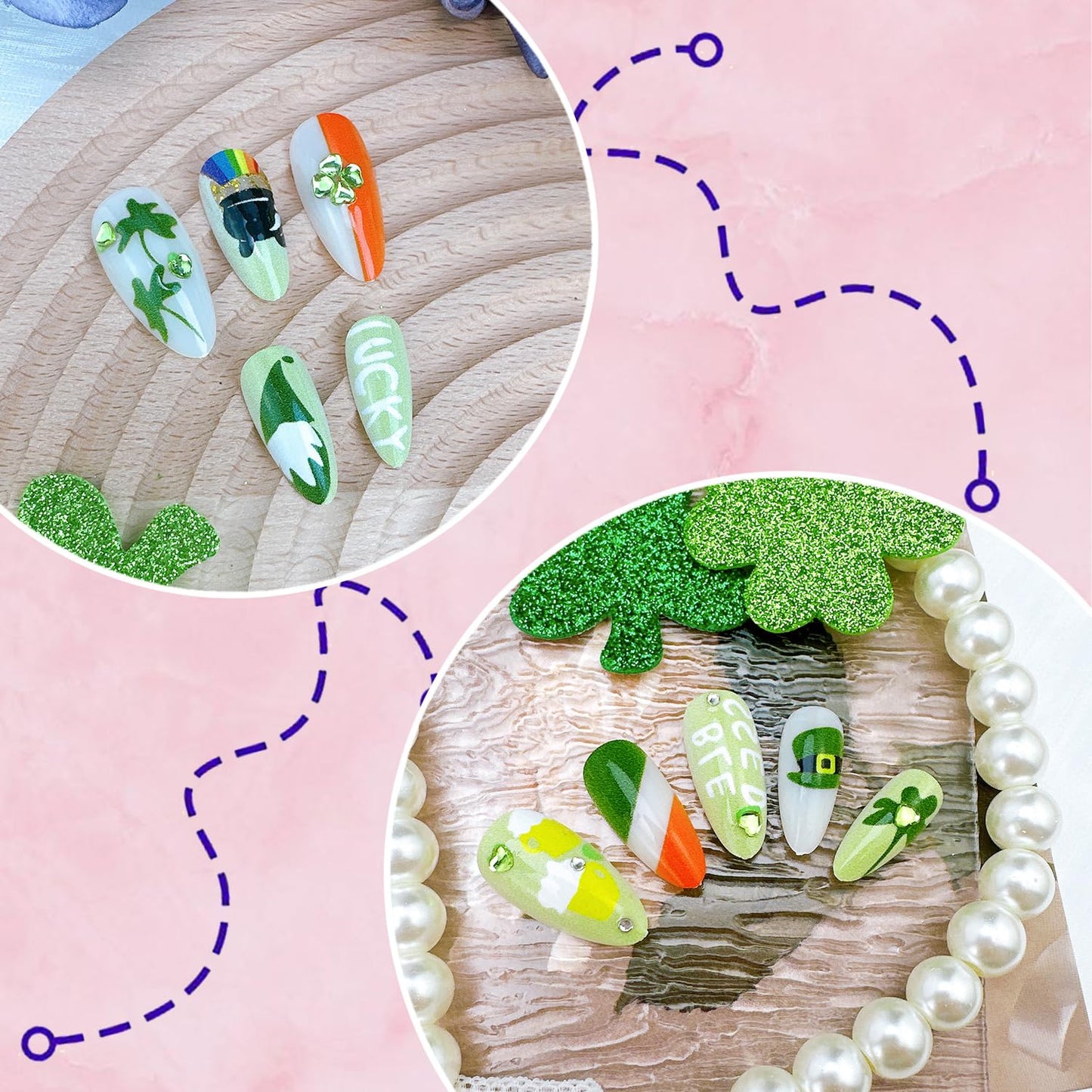 24Pcs St. Patrick's Day Press On Nails Medium Almond Fake Nails with Shamrocks Rhinestones Designs Rainbow Acrylic Nails Hat Dwarf Lucky Clover False Nails St Patricks Day Glue on Nails for Women