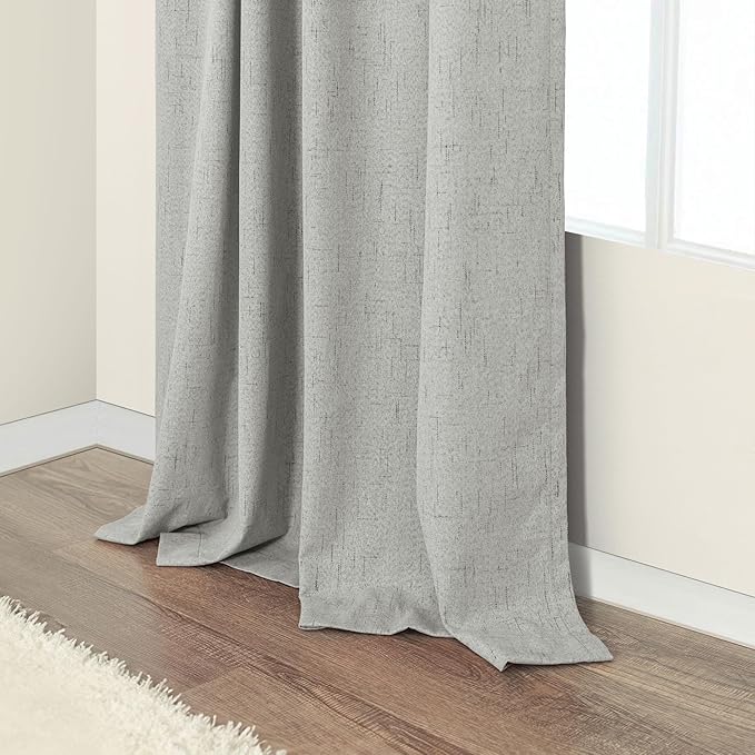 Gray Room Darkening Curtains 96 Inches Long for Living Room 2 Panels Faux Linen Back Tab Pleated Puddle Length Thermal Insulated Medium Gray Light Weight Blackout Curtains for Bedroom 8ft Light Grey