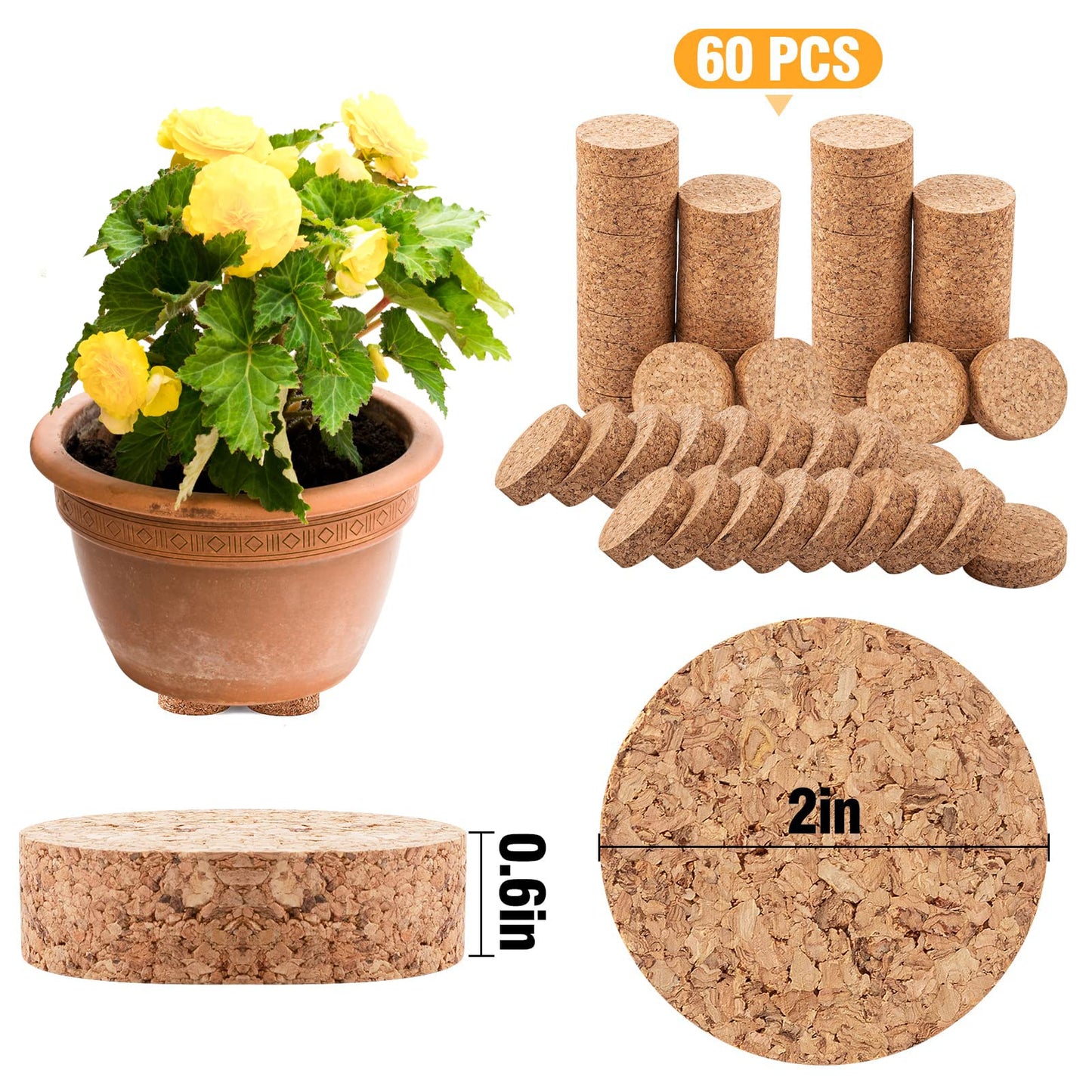 Biubee 60Pcs Invisible Pot Feet with Non-Slip Surface- Sturdy Cork Plant Riser Pot Feet for Outdoor Planter Drainage, Solid Corkwood Planter Lifter, 2" Dia