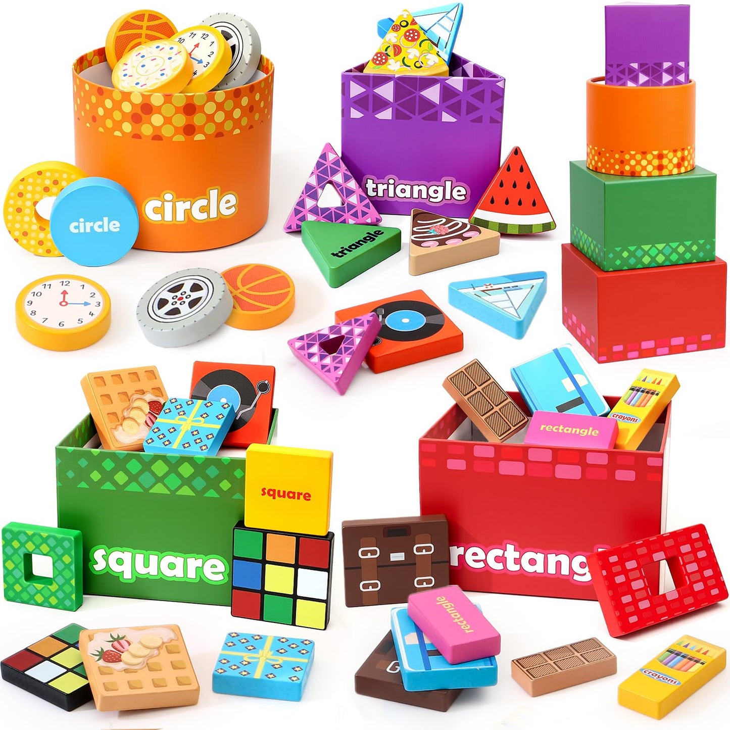 Atoylink Montessori Toys Shape Sorter for Toddlers, Wooden Stacking Blocks Nesting Boxes Baby Everyday Objects Shape Sorting Toys Matching Games, Preschool Learning Toys for 1 2 3 Year Old Boys Girls