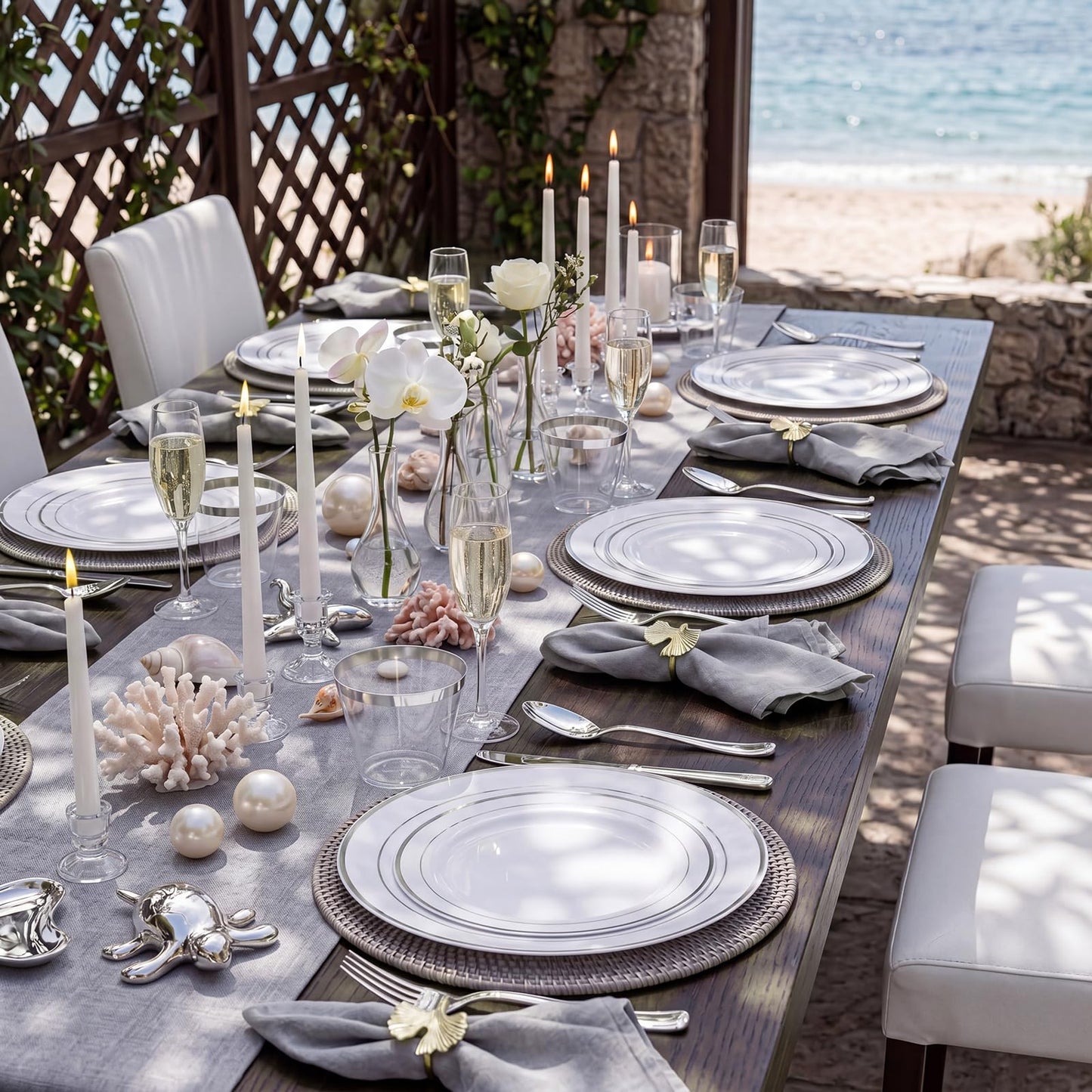 WDF 120PCS Plastic Plates White Silver Rim - Disposable Plates including 60PCS for Dinner 10.25inch, 60 Salad/Dessert Plates 7.5inch Heavy Duty Wedding Party Birthday