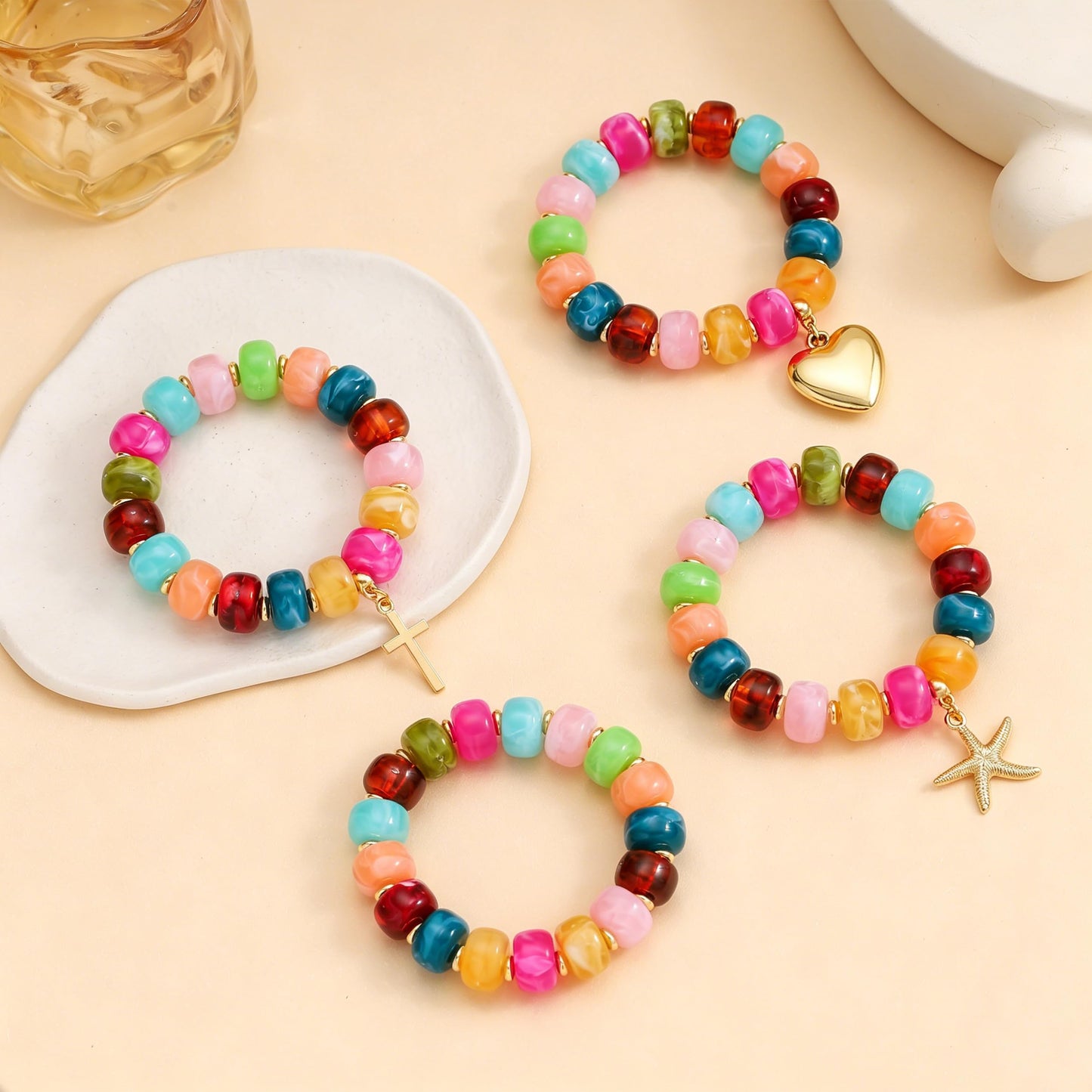 Coprall Colorful Beaded Bracelets Boho Jewelry for Women Multicolor Resin Chunky Bracelet Summer Vacation Outfits Beach Gifts(Starfish)