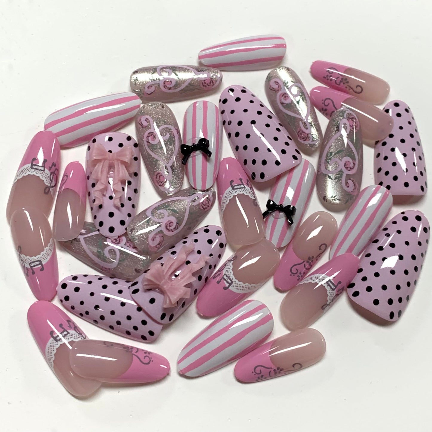 BABALAL Press On Nails, Medium Almond Fake Nails, Pink French Tip, Cat Eye Bling, Polka Dot & Bow Charm, Flower Kawaii Glue On Nails 24Pcs Reusable