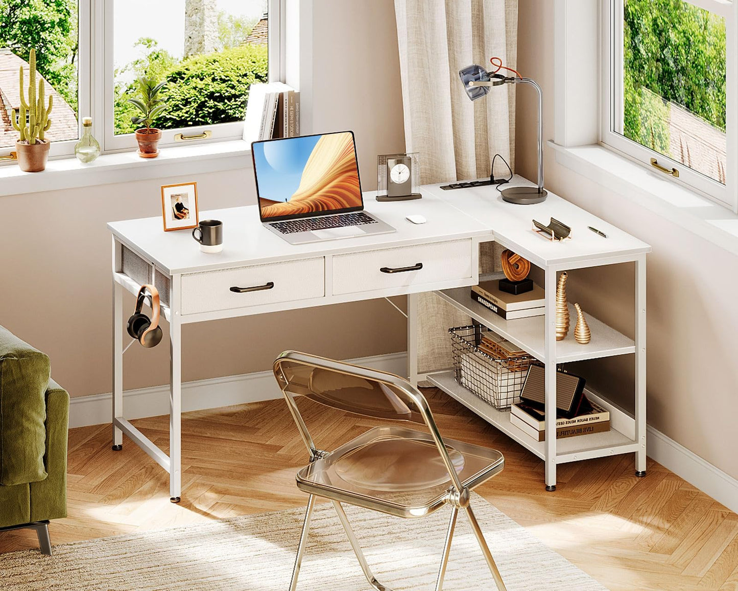 Coleshome 40 Inch L Shaped Computer Desk with 2 Drawers, Small Desk for Small Space, Home Office Table for Laptop Users, White