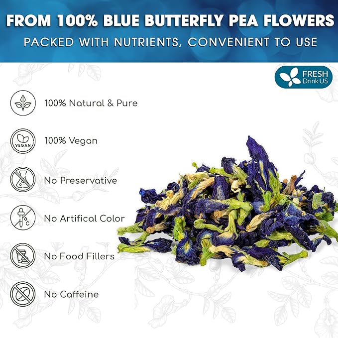 FreshDrinkUS, Premium 16oz Blue Butterfly Pea Flowers Dried – Premium Whole Flower Herbal Tea – Vibrant Blue Natural Color – Caffeine-Free Loose Flower Tea. Vegan