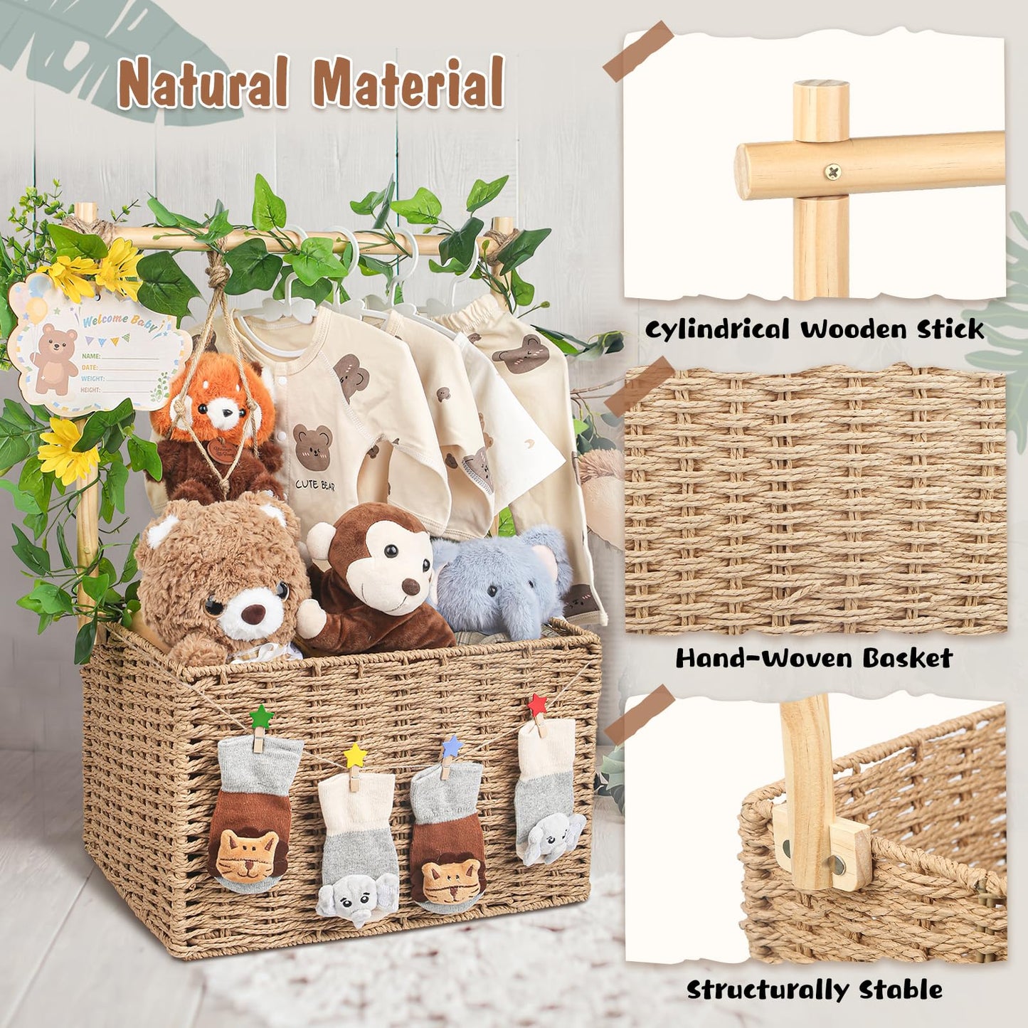 Wisreach Wooden Woven Baby Shower Crate – Foldable Storage Basket with Handles, Handwoven Gift Box for Baby Shower & Newborn Essentials, Welcome Gift for Baby Shower, Newborn Boys Girls