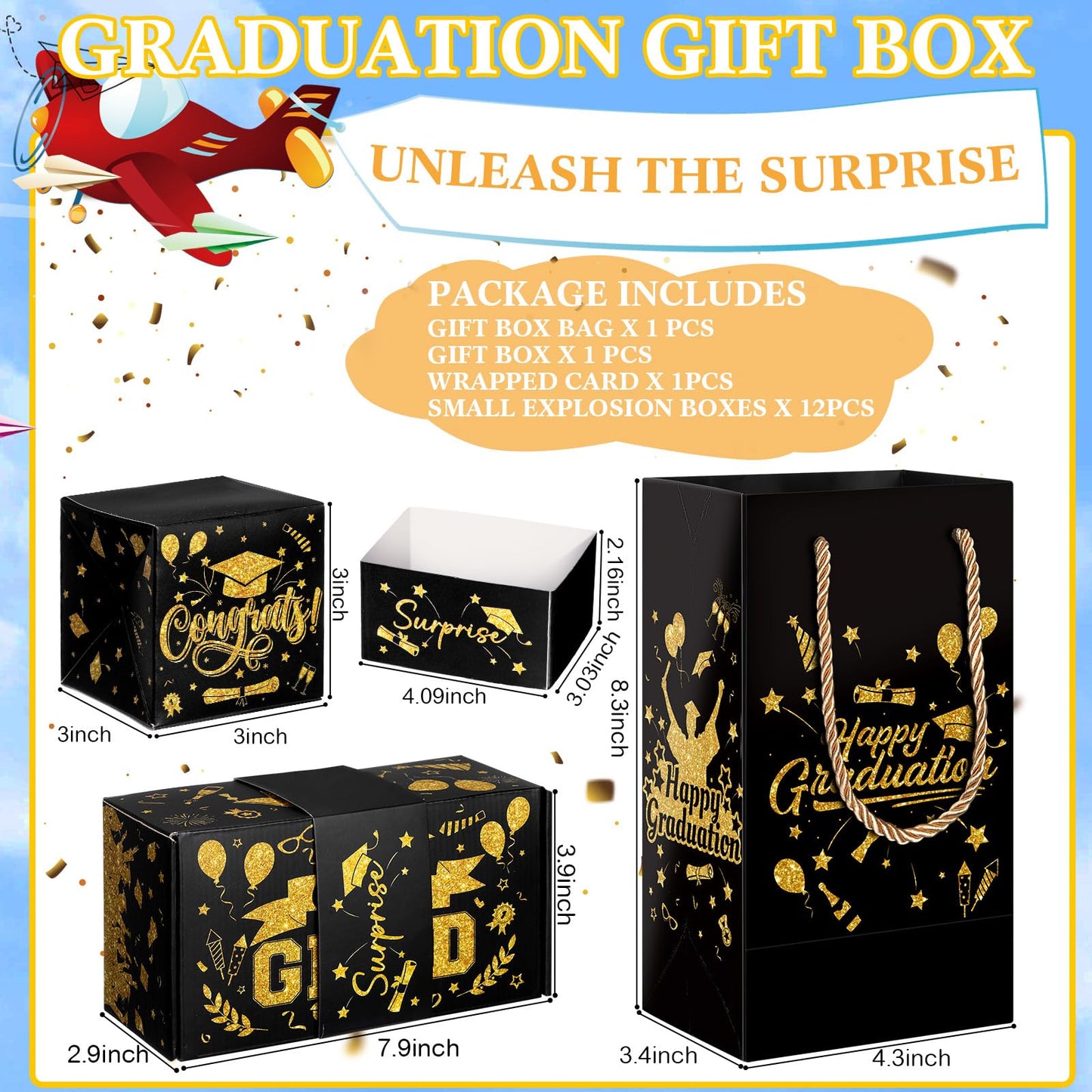 Tenceur 14 Pcs 2026 Graduation Explosion Gift Boxes 12 Bounces Exploding Money Box DIY Congrats Grad Folding Bouncing Gift Box Money Cash Explosion Gift Box for Grad College Party Favors(Black Gold)