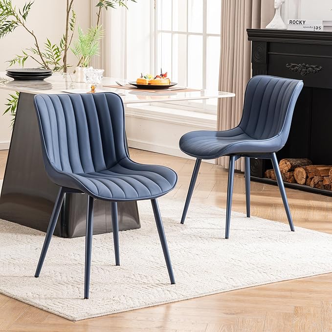 YOUNUOKE Mid-Century Modern Dining Chairs Set of 2, Navy Blue PU Leather Upholstered Kitchen Chairs with Navy Blue Metal Legs, Armless Accent Chair for Dining Room, Guest Reception Room