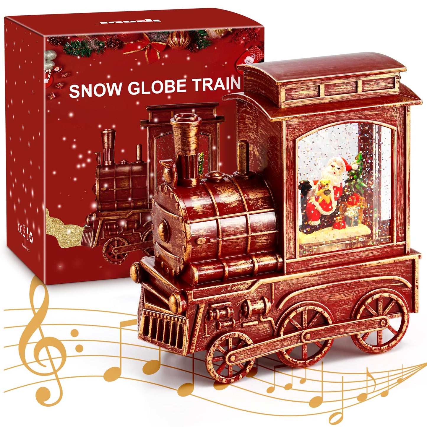 IPOW Christmas Santa Globe Lantern Train with Water Swirling Glitter, Musical and Lighted 6 Hours Timer USB Powered & Battery Operated Music Box for Christmas Home Decoration Gift