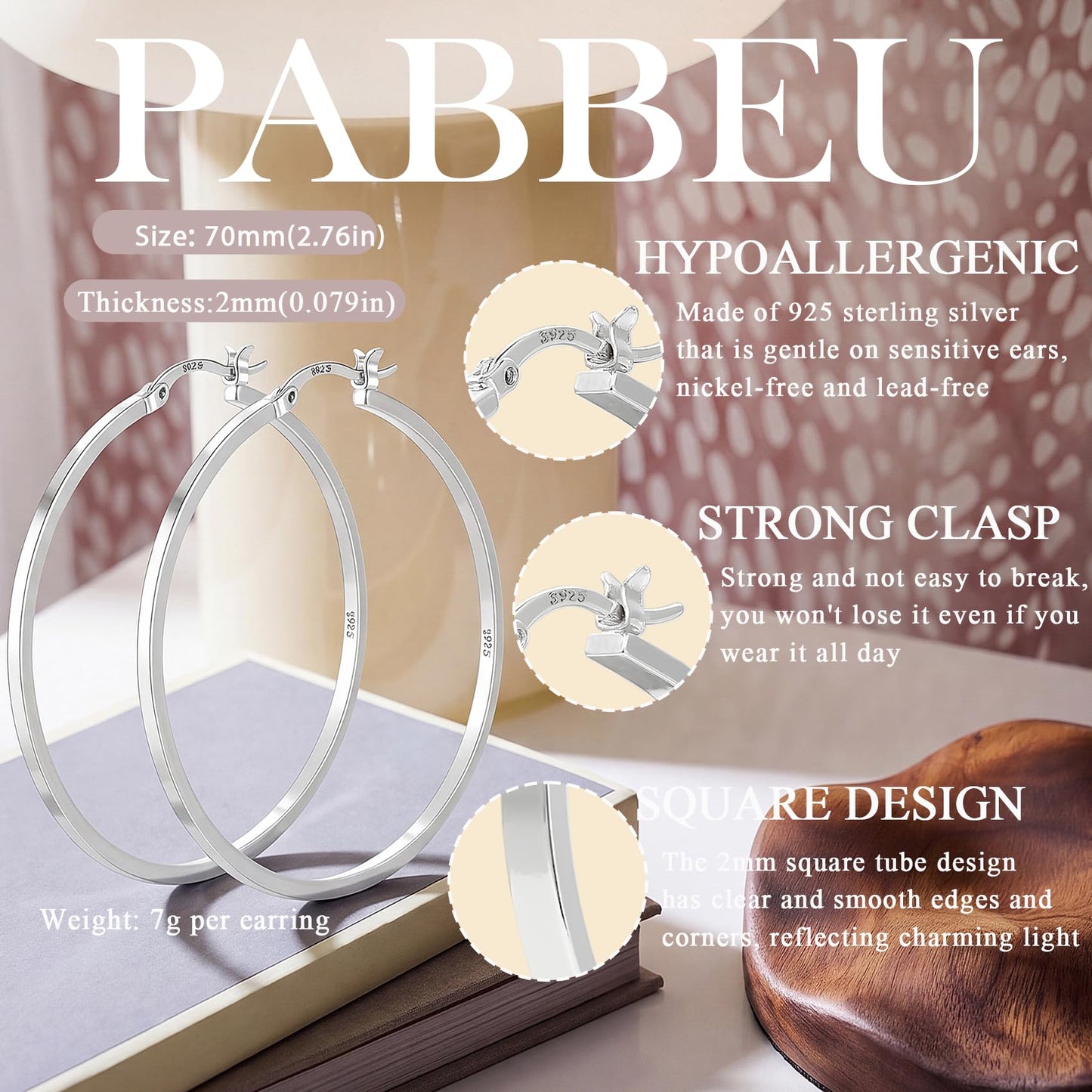 PABBEU 925 Sterling Silver Hoop Earrings Hypoallergenic Silver Hoop Earrings Lightweight Large Hoop Earrings for Women with 925 Sterling Silver Post 20/30/40/50/60/70mm
