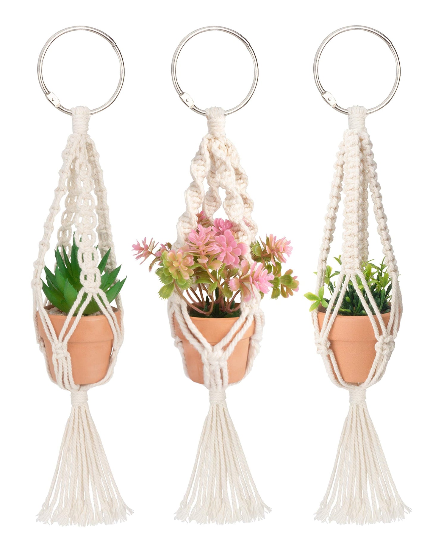 Macrame Plant Hangers, 3 Pcs Plant Hangers with Artificial Succulent Plants, Interior Car Accessories for Women, Rear View Mirror Accessories by MoHern