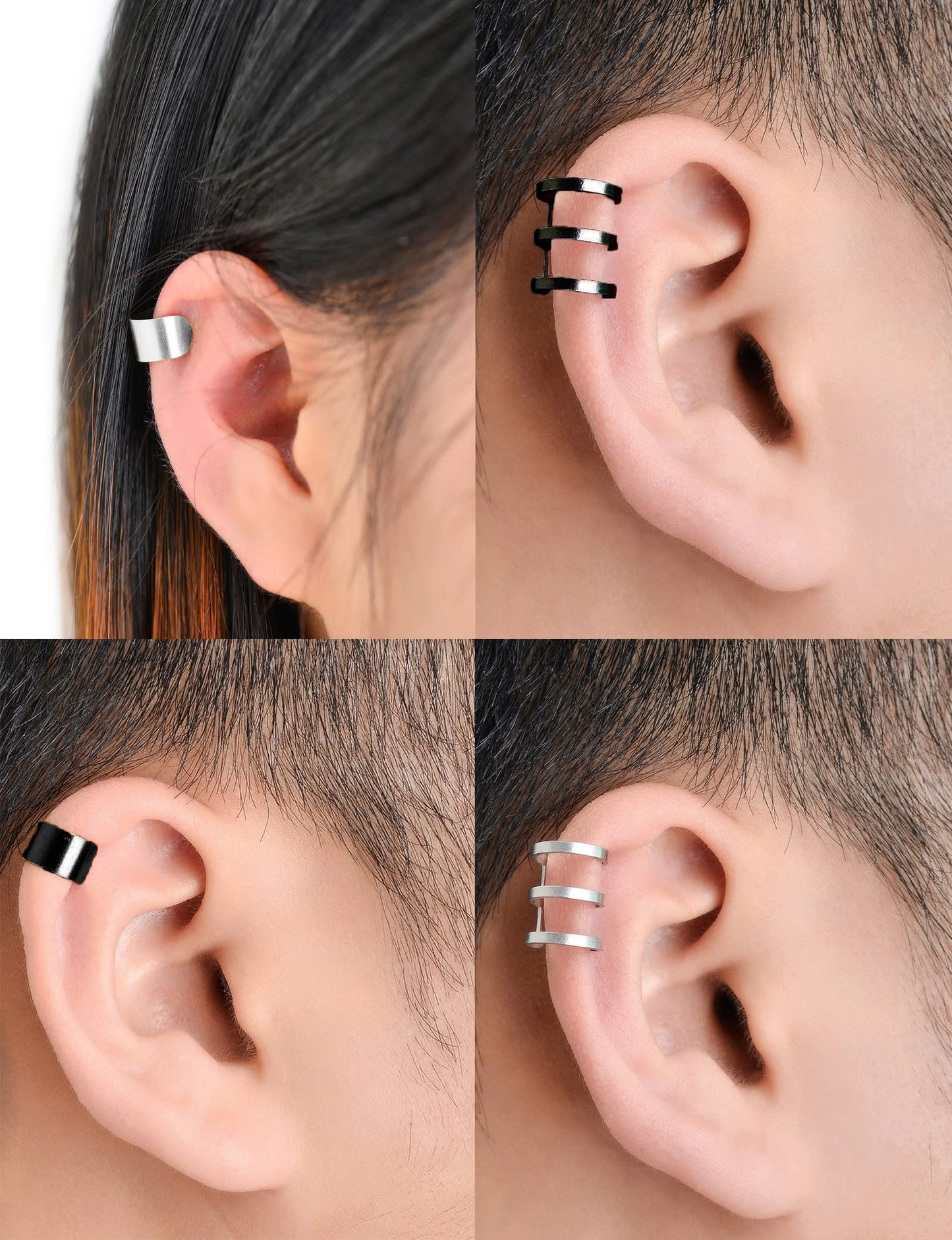 Tornito 4-10 Pairs Stainless Steel Ear Cuff Helix Cartilage Clip On Wrap Earrings Fake Nose Ring Non-Piercing Adjustable (F1:10 Pairs, Silver&Black Tone)