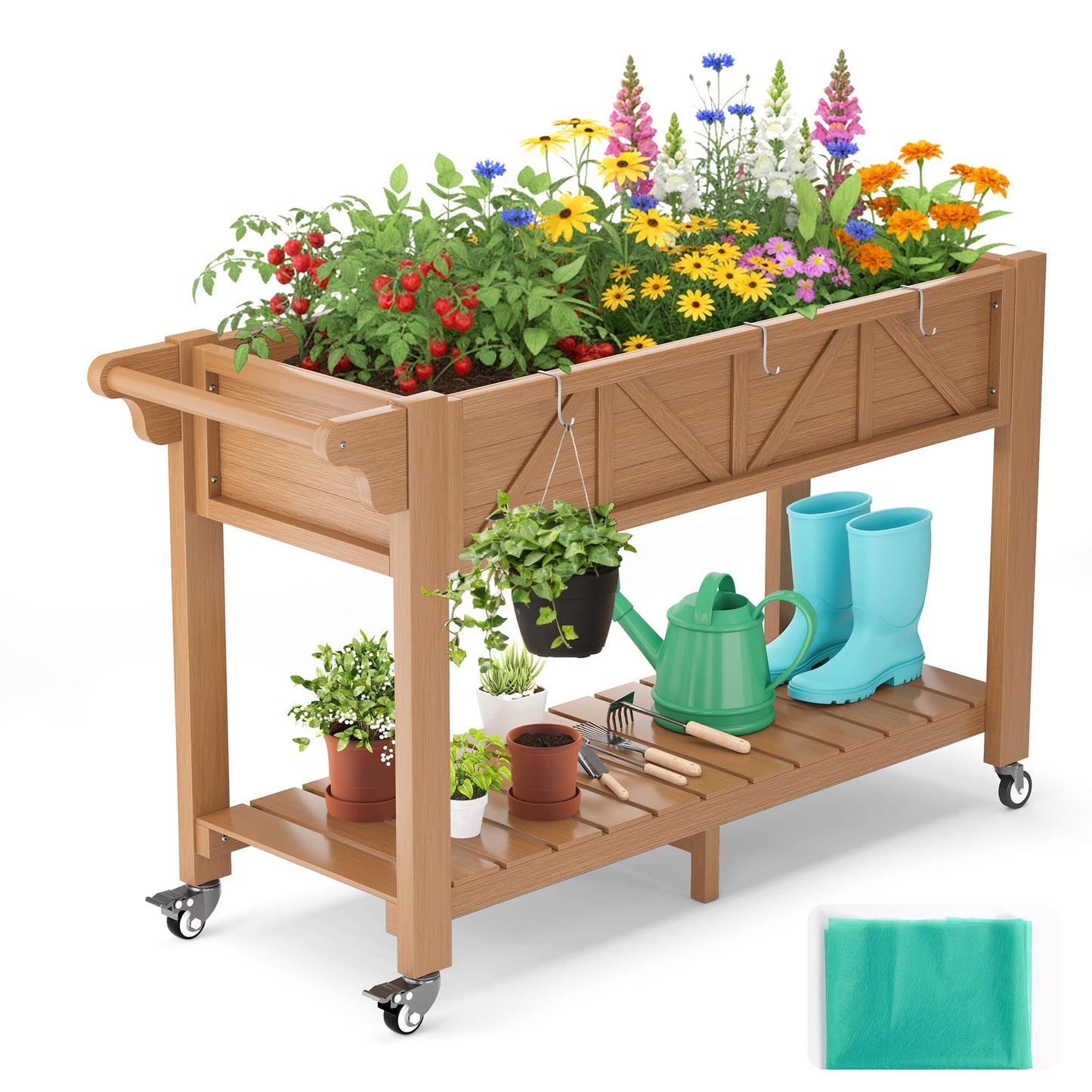 HIPS All-Weather Raised Garden Bed with Legs,47.2"L x 17.3"W x 29.7"H Large Elevated Planter Box with Wheels & Handle,Raised Bed Planters with 3 Hooks & Non-Woven Liner for Vegetables Flower Herb