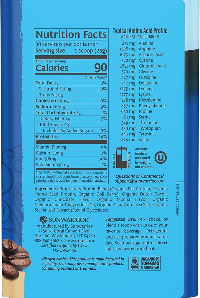 Vegan Protein Powder with BCAA | Organic Hemp Seed Protein Gluten Free Non-GMO Dairy Free Soy Sugar Free Low Carb Plant Based Protein Powder | Mocha 30 SRV 750 G | Warrior Blend by Sunwarrior
