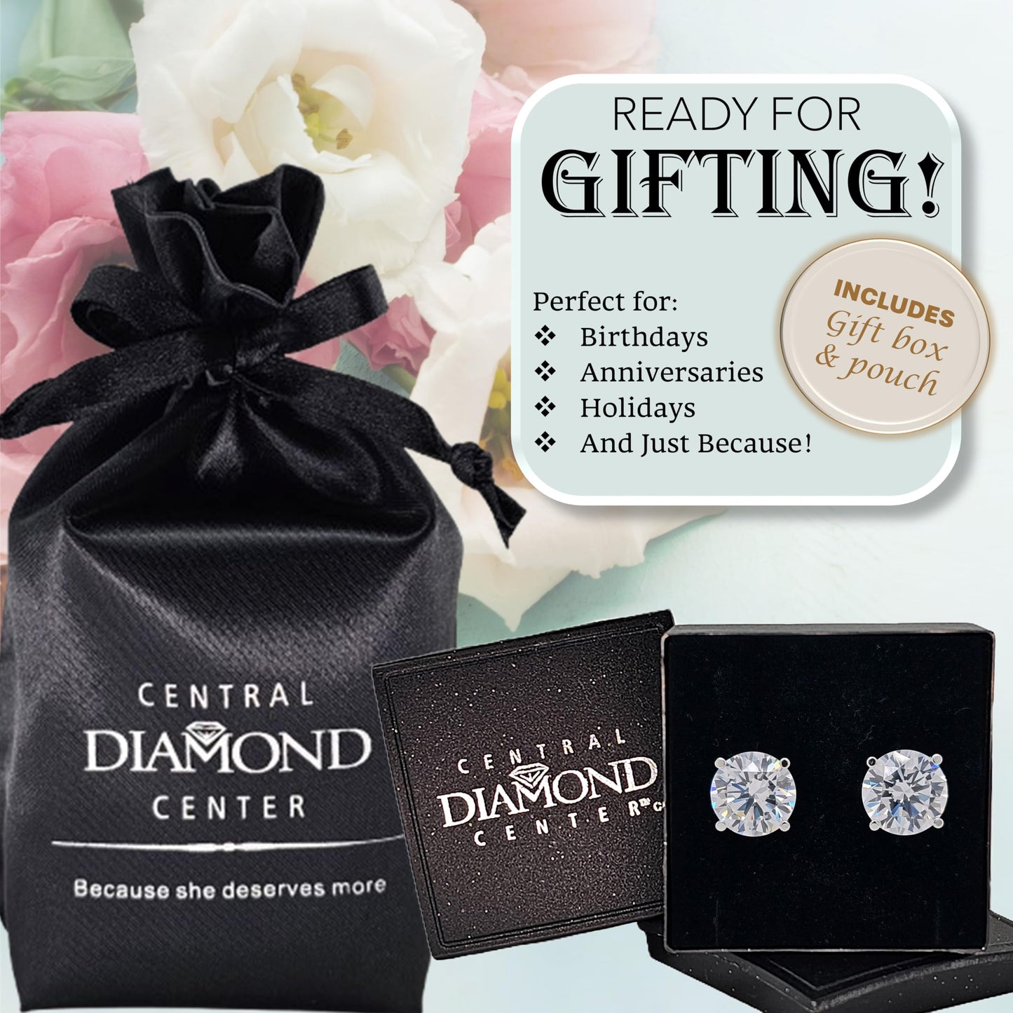 Central Diamond Center 14K Solid Gold Post & Sterling Silver 4 Prong CZ Stud Earrings - Platinum Plated - 10.0mm - 8.00cttw