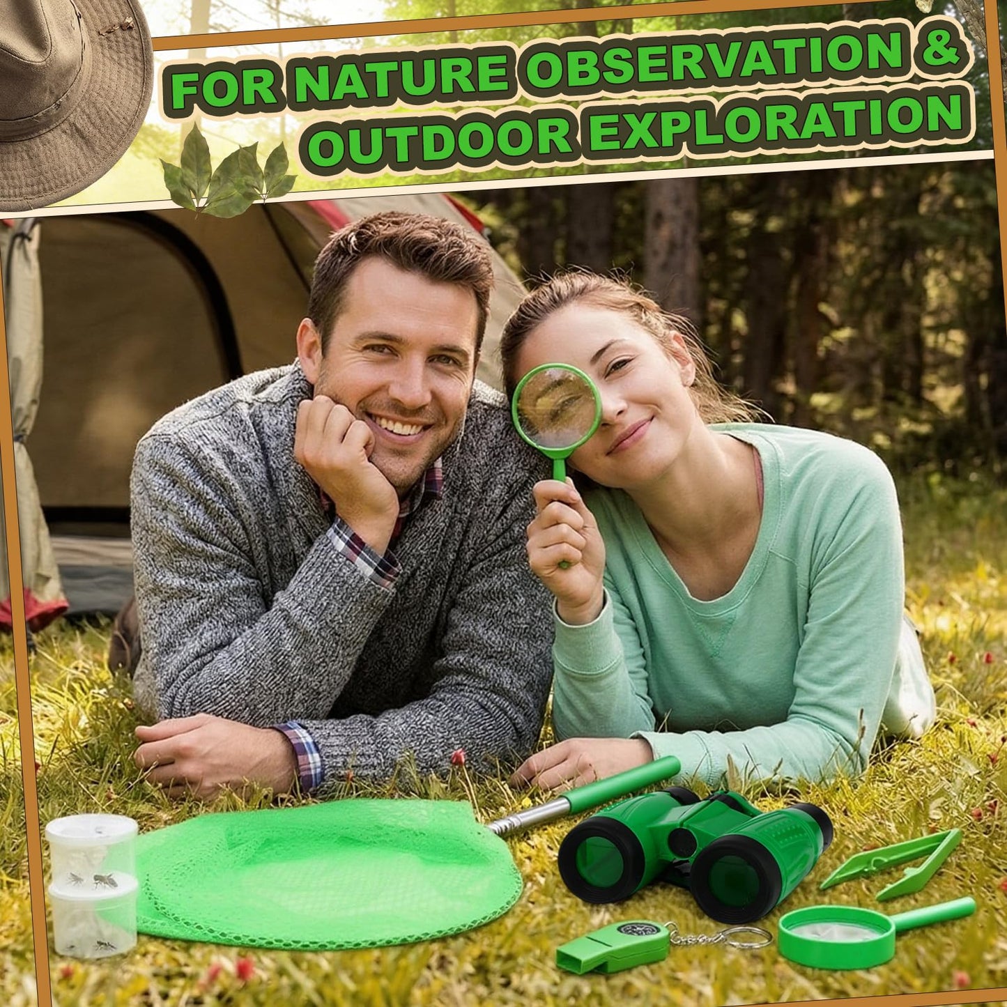 Sabary 12 Set 72 Pcs Explorer Kit Bug Catching Kit for Outdoor with Binoculars, Butterfly Net, Magnifying Glass, Compass Whistle, Tweezers and Observation Box for Outdoor Hiking Wilderness Adventure