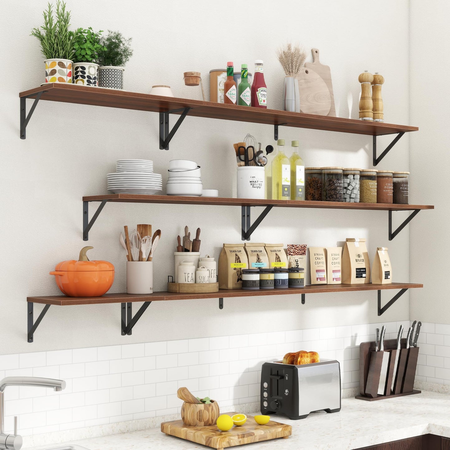 Acovy Deep Floating Shelves for Wall,36Wx8D Wall Mounted Shelves Set of 2,Wall Storage Floating Shelf with Sturdy Metal Brackets for Living Room,Bathroom,Kitchen,Office,Walnut