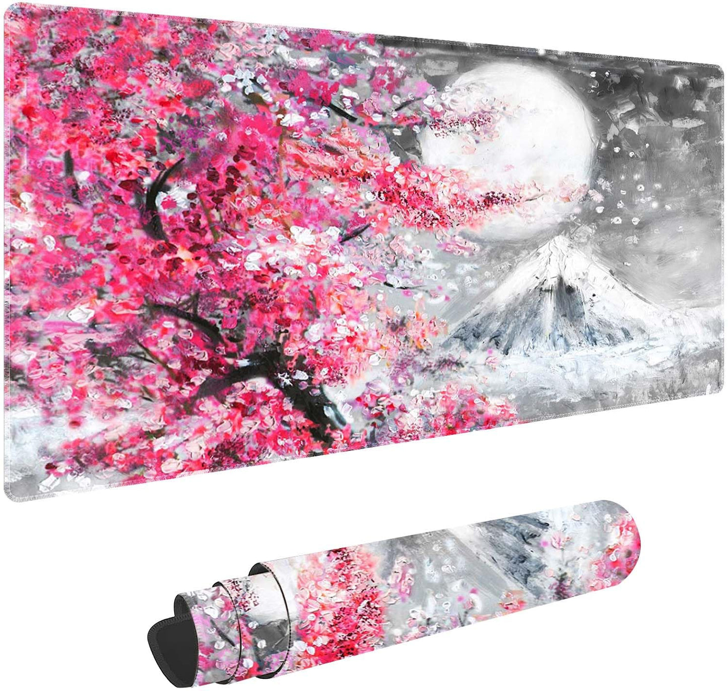 Watercolor Cherry Blossom Customized Large Extended Gaming Mouse Pad with Stitched Edges and Non-Slip Rubber Base,Suitable for Office and Home Use,31.5x15.7 Inches