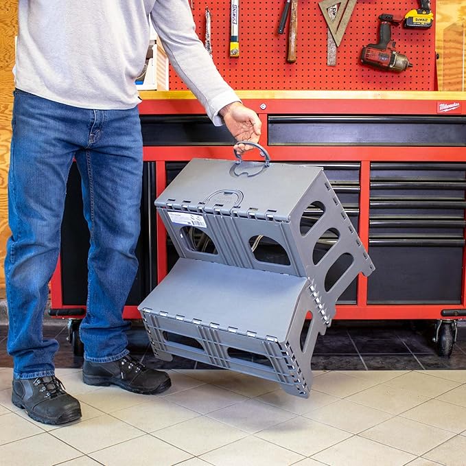 Bee Neat Folding 2 Step Stool for Adults - Collapsible & Foldable Step Ladder for Office, Garage, Closet, Bathroom - Non-Slip & Wide Stepping Stool Supports 300lbs - Industrial - Gray