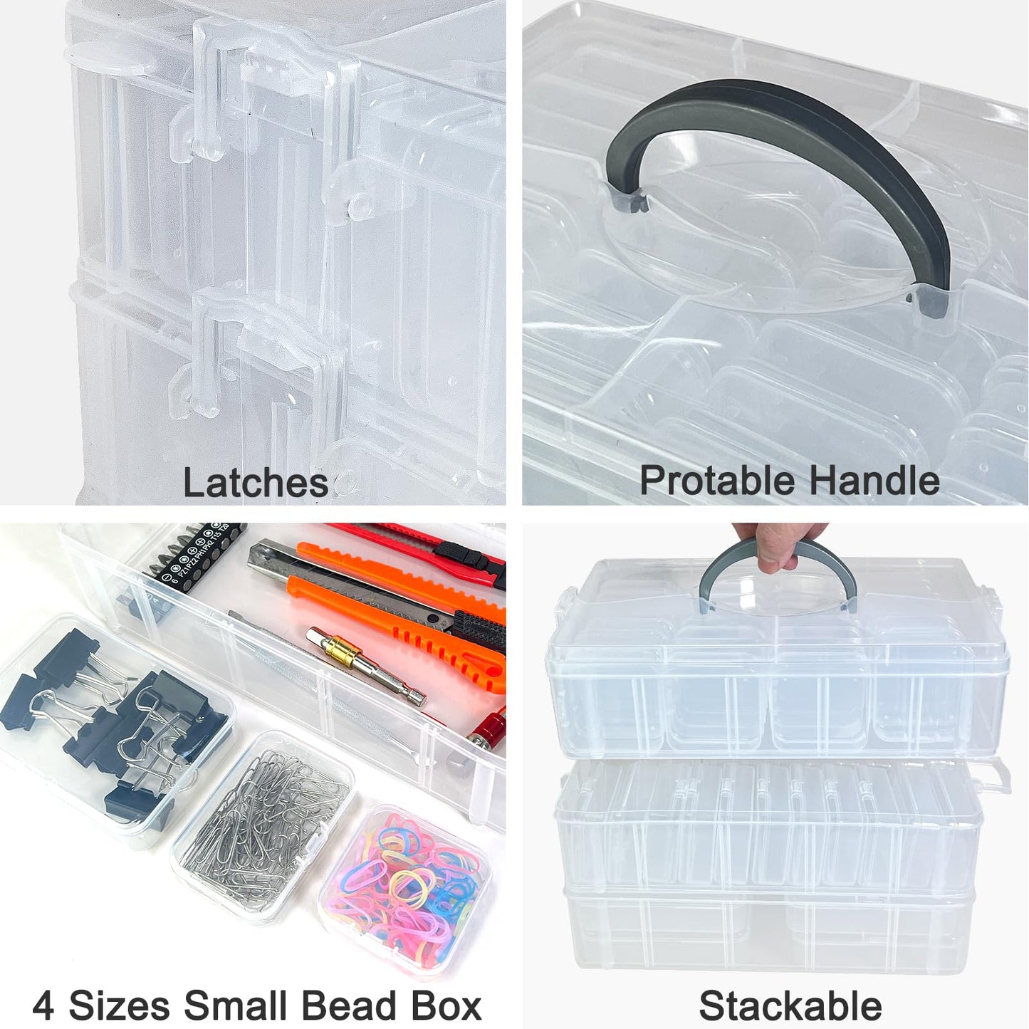 Guyuyii Bead Organizers and Storage with Labels and Handle - 58 Pcs Small Plastic Bins with Lids and 3-Tier Stackable Clear Bead Storage for Diamond Painting, Seed Beading & Jewelry Making (3 Sizes)