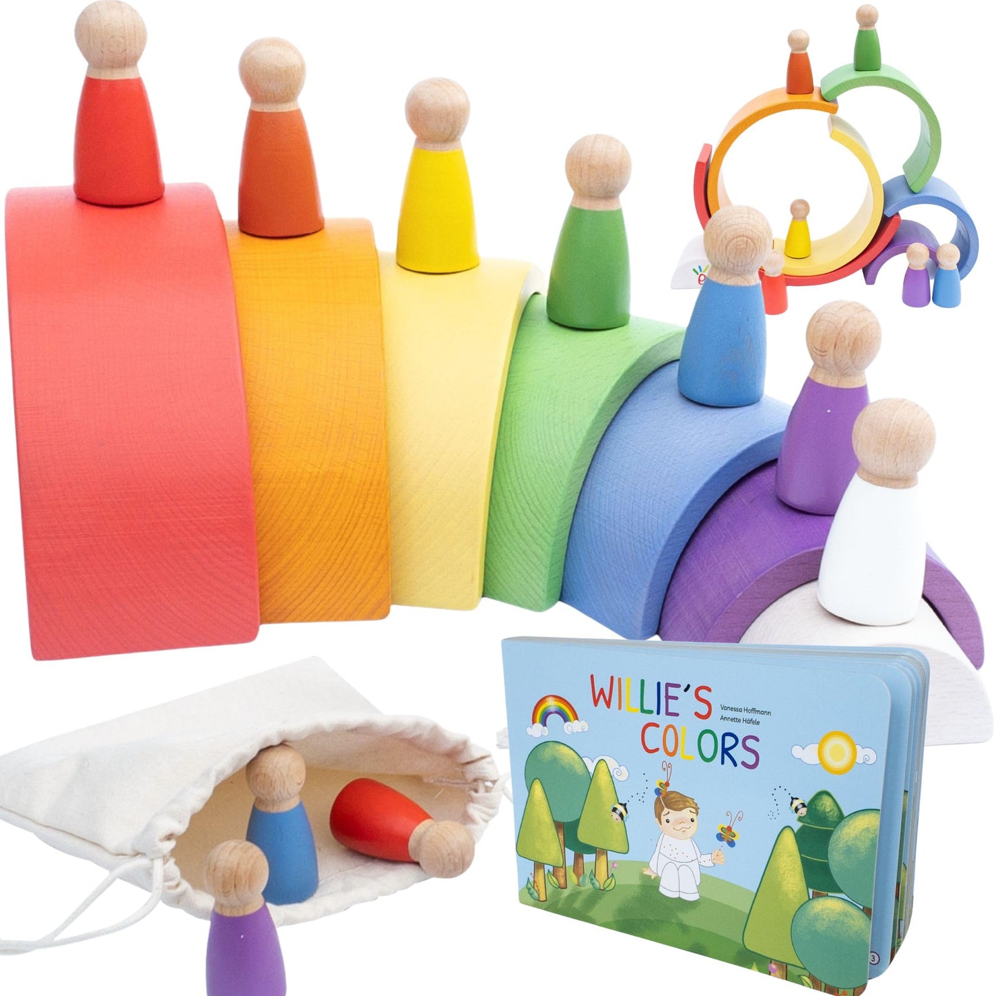 Montessori Wooden Rainbow Nesting Toy: Open-Ended Wooden Stacking Set with Arches, Peg Dolls & Story Book for Emotional Intelligence & Creative Play | Ages 3+ | 16 pcs | Premium Beechwood