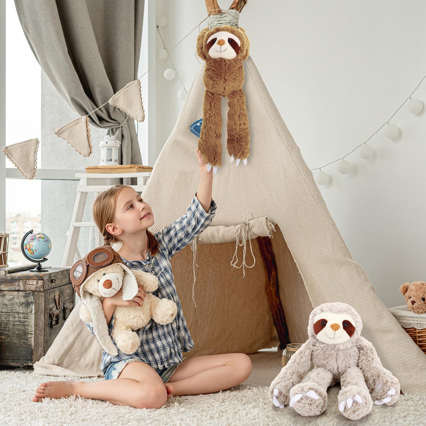 Queekay 2 Packs Sloth Stuffed Animal Hanging 18 Inch Three Toed Sloth Plush Toy with Hook and Loop Hands for Teens Adults Gifts Decors(Gray, Dark Brown)