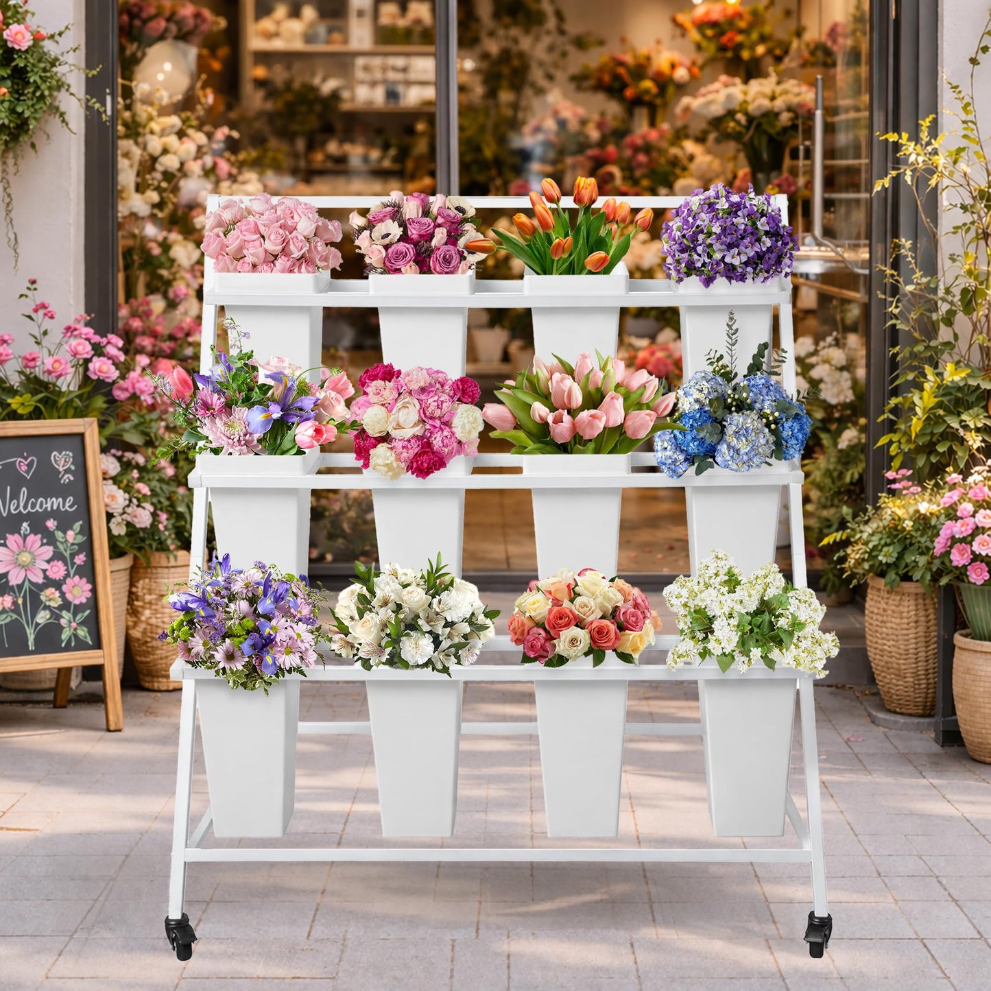 PROLEE Flower Display Stand with 12 Buckets, Flower Cart 3 Layers, Flower Stand Metal with Wheels, Moving Florist Bouquet Shelf, Triangular Rack, White