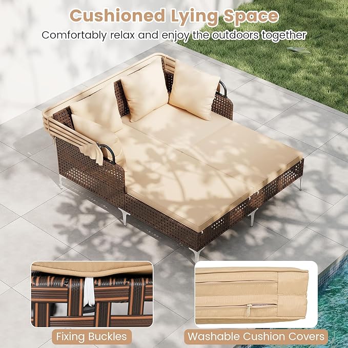 HAPPYGRILL Outdoor Daybed with Retractable Canopy, PE Wicker Rattan Patio Double Chaise Lounger with Cushions, Outside Sunbed Furniture for Garden, Poolside and Backyard (Beige)