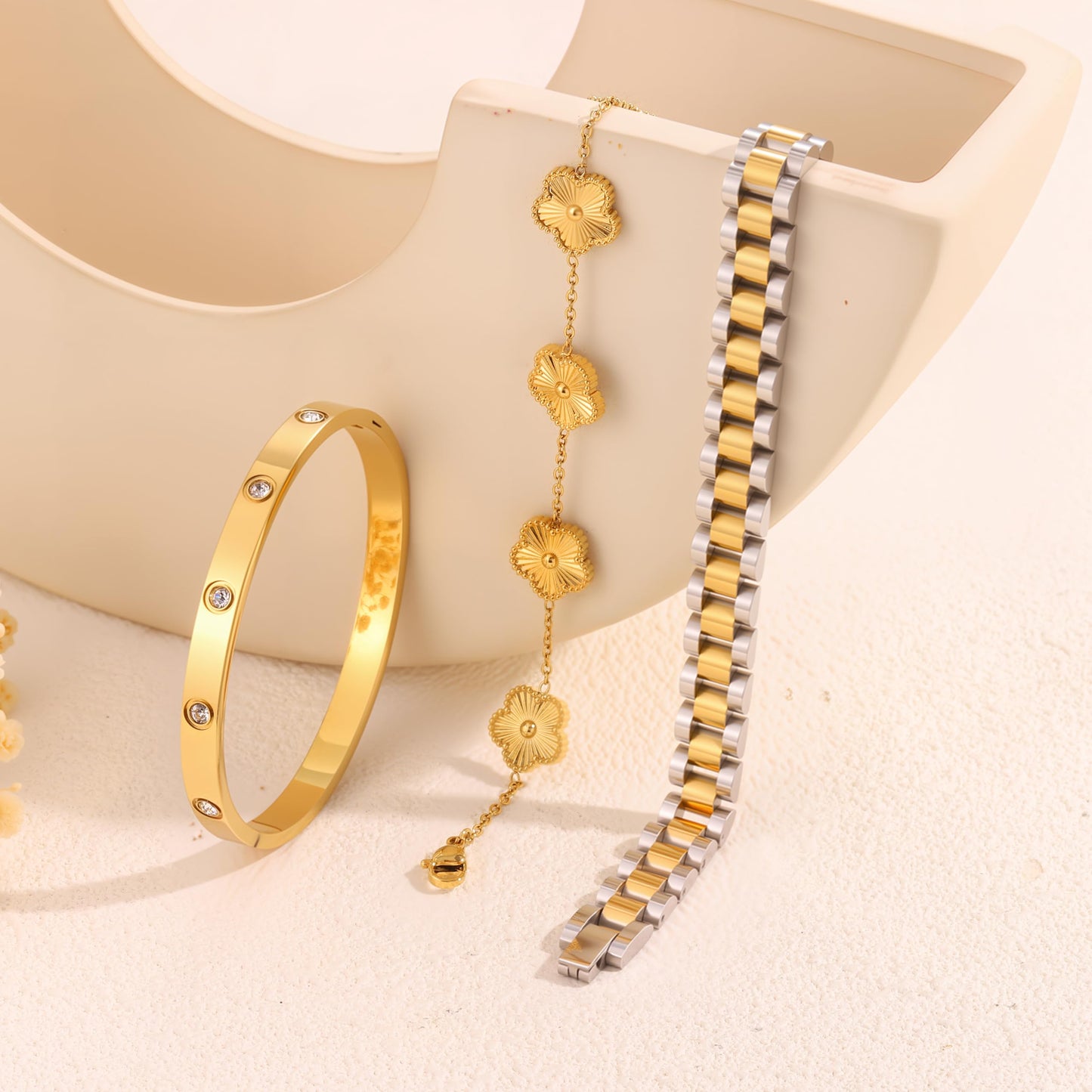 ISELBDR 2PCS 18K Gold Chain Link Bracelets for Women - Stackable Love & Friendship Theme Bangle Bracelet Set,Non-Tarnish Stainless Steel Jewelry with Adjustable Tool. (3pcs-Gold/Silver)
