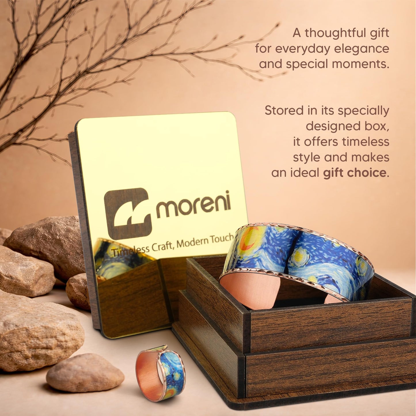 Moreni Copper Bracelet for Women with Wooden Gift Box – Art-Inspired Elegant & Timeless Handmade Jewelry Gift (Starry Night – Bracelet with Ring)
