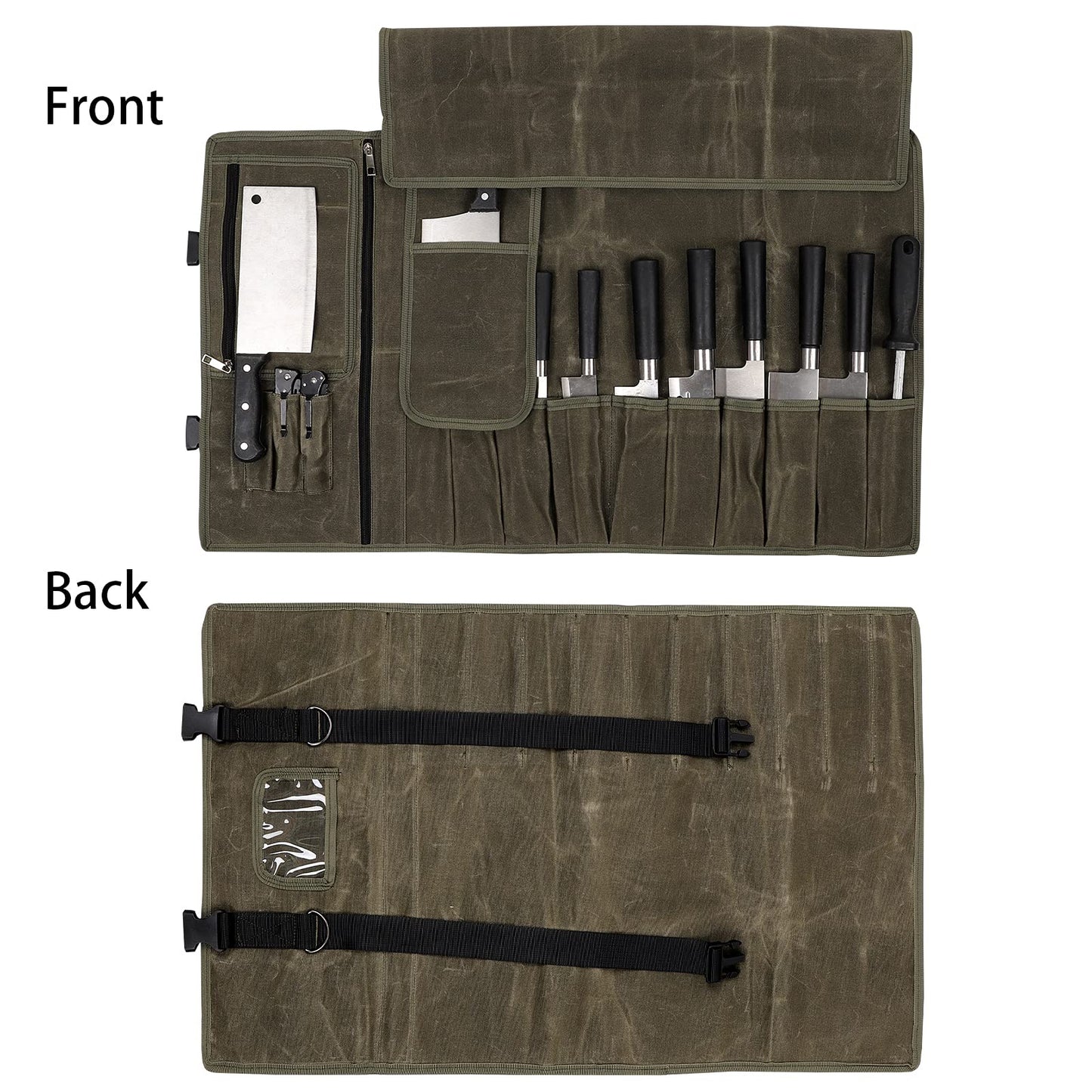 HERSENT Waxed Canvas Chef’s Knife Roll Bag,Army Green Knife Wrap,Portable Knife Roll,Waterproof Pocket Knife Carrier,Durable 16oz Knife Case With Adjustable Shoulder Strap