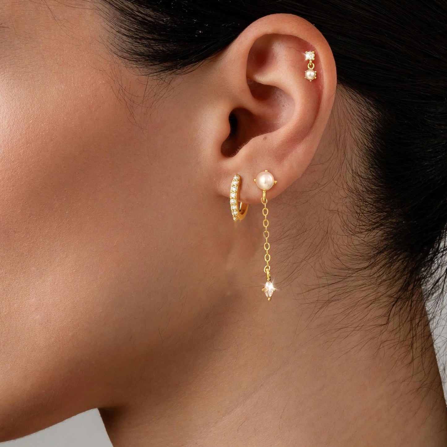 Moodear Dainty Pearl Drop Hoop Earrings for Women - Trendy Stud 14K Gold Plated Dangle Chain Baroque Pearls Hypoallergenic Earring Sets for Multiple Piercing