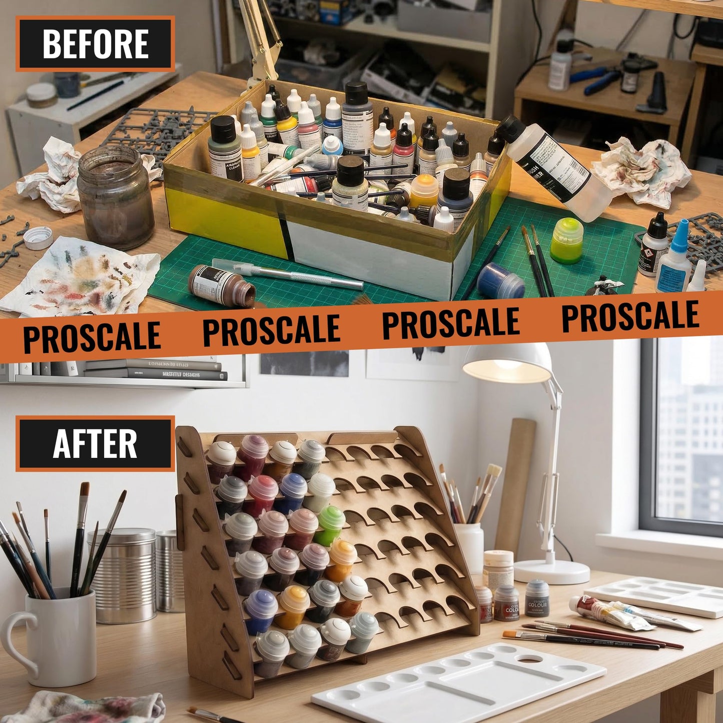 PROSCALE Wall Paint Rack Organizer for Miniatures & Modeling, Vertical Paint Stand with 33mm Pot Holes + Top Brush/Tool Holder, Compatible with Citadel (33mm)
