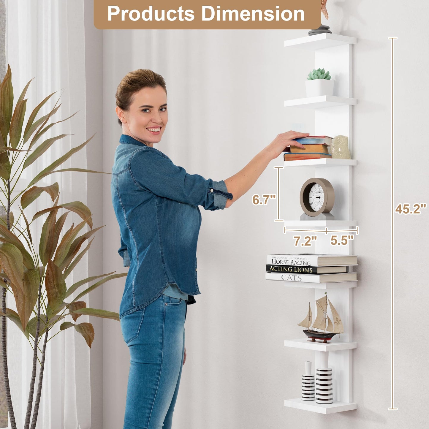 Fun Memories 7 Tier Wall Shelf Unit, White Floating Shelves for Storage - Vertical Column Tower Design, Lack Wall Shelf Space Saving Organizer for Bedroom, Living Room, Home Decor