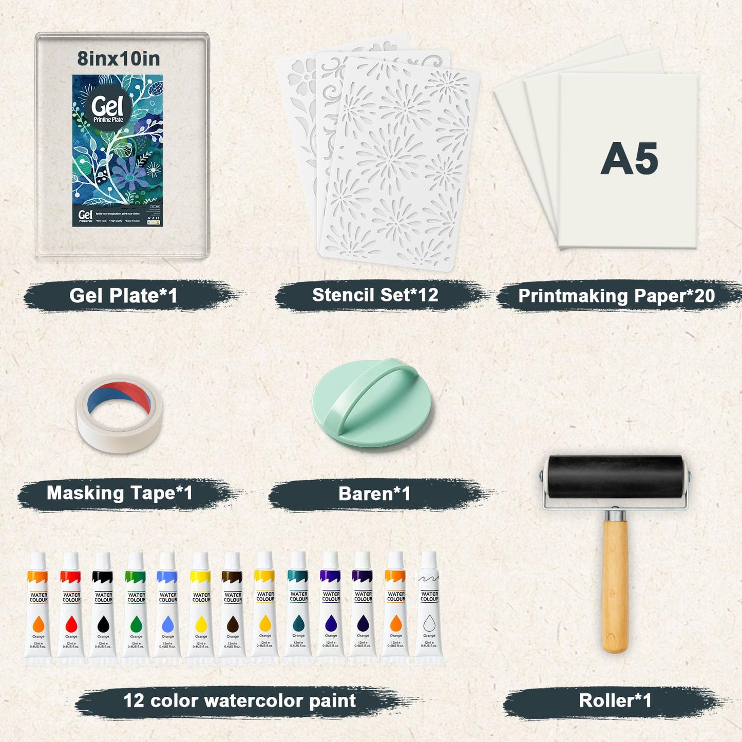 DINGSEN Gel Printing Plate Kit, Complete Printmaking Set with 8” X10” Gel Plate, Brayer, Watercolor Paints, A4 Printmaking Paper, and Essential Tools for Mixed Media Art, Monoprinting, Card Making