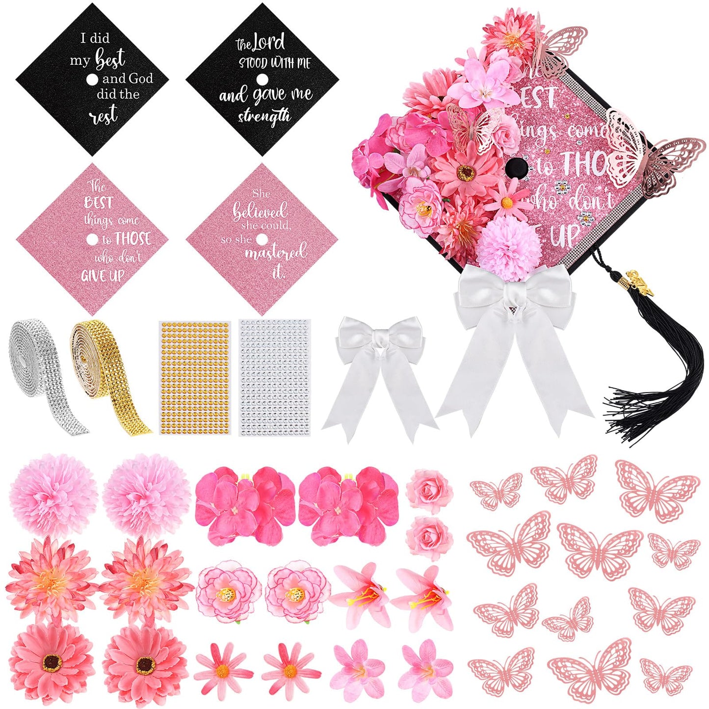 Dunzoom 40 Pcs DIY Graduation Cap Decorations Kit Artificial Flowers Inspirational Cardstock 3D Butterfly Stickers Ribbon Bow Rhinestone Stickers for Grad Cap Topper Graduation Party(Pink)