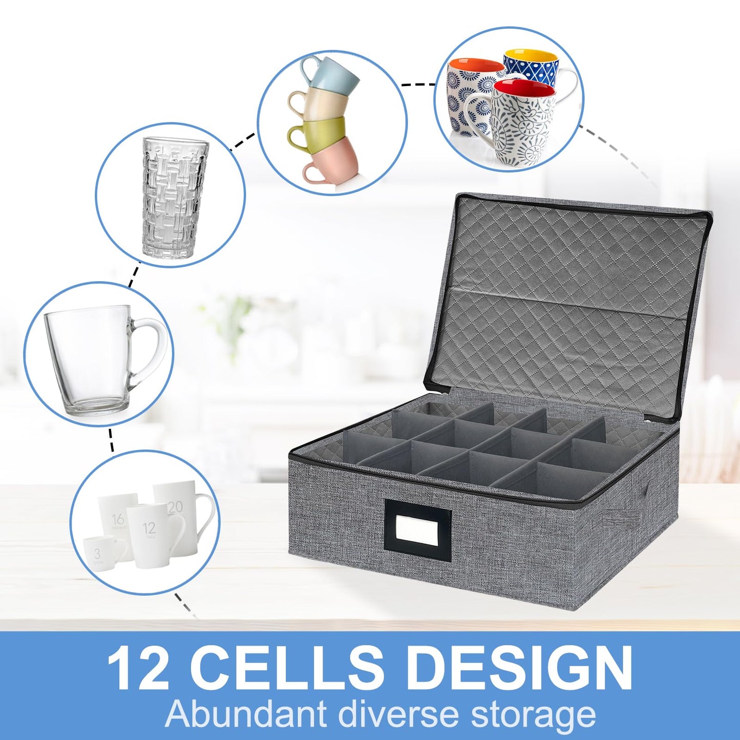 homyfort Mug Coffee Storage Box with Dividers - Stackable Glass China Storage Containers Hard Shell with Lid, Label and Handles, Holds 12 Coffee Mugs and Tea Cups (Dark Grey)