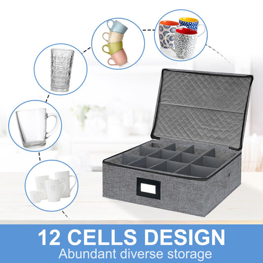 homyfort Mug Coffee Storage Box with Dividers - Stackable Glass China Storage Containers Hard Shell with Lid, Label and Handles, Holds 12 Coffee Mugs and Tea Cups (Dark Grey)