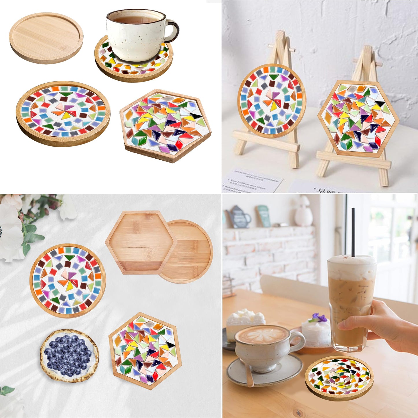 Nuyoach DIY Mosaic Coaster Kits for Adults Craft,2 Sets Ceramic Arts and Crafts Tile Kit with Wooden Coasters,Glass Mosaic Adult Craft Kits for Women Seniors Handmade Gifts Home Decor