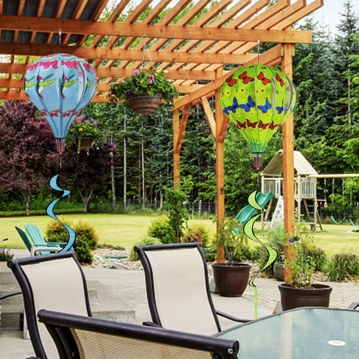 2Pack Hot Air Balloon Wind Spinners Outdoor Hanging, HADEEONG Large Wind Spinners Outdoor Windmill Balloon Spinners for Yard and Garden Wind Twister (Hummingbirds + Butterfly)