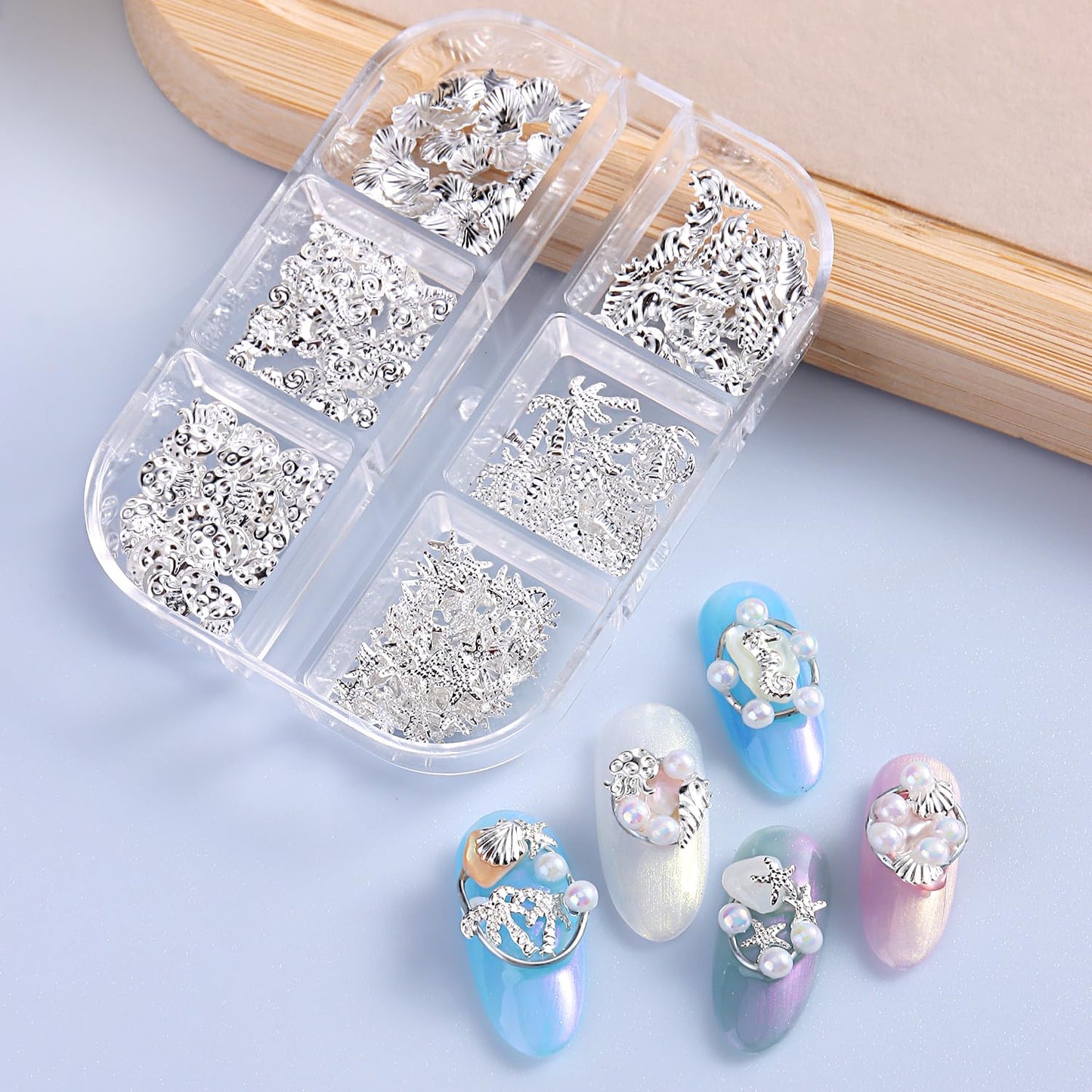 Furtherpretty 3D Beach Nail Charms Set, 2 Boxes Gold & Silver Seashell Nail Charms, Summer Ocean Starfish Jellyfish Palm Tree Nail Art Accessories Decoration with Tweezers, concha nácar para uñas