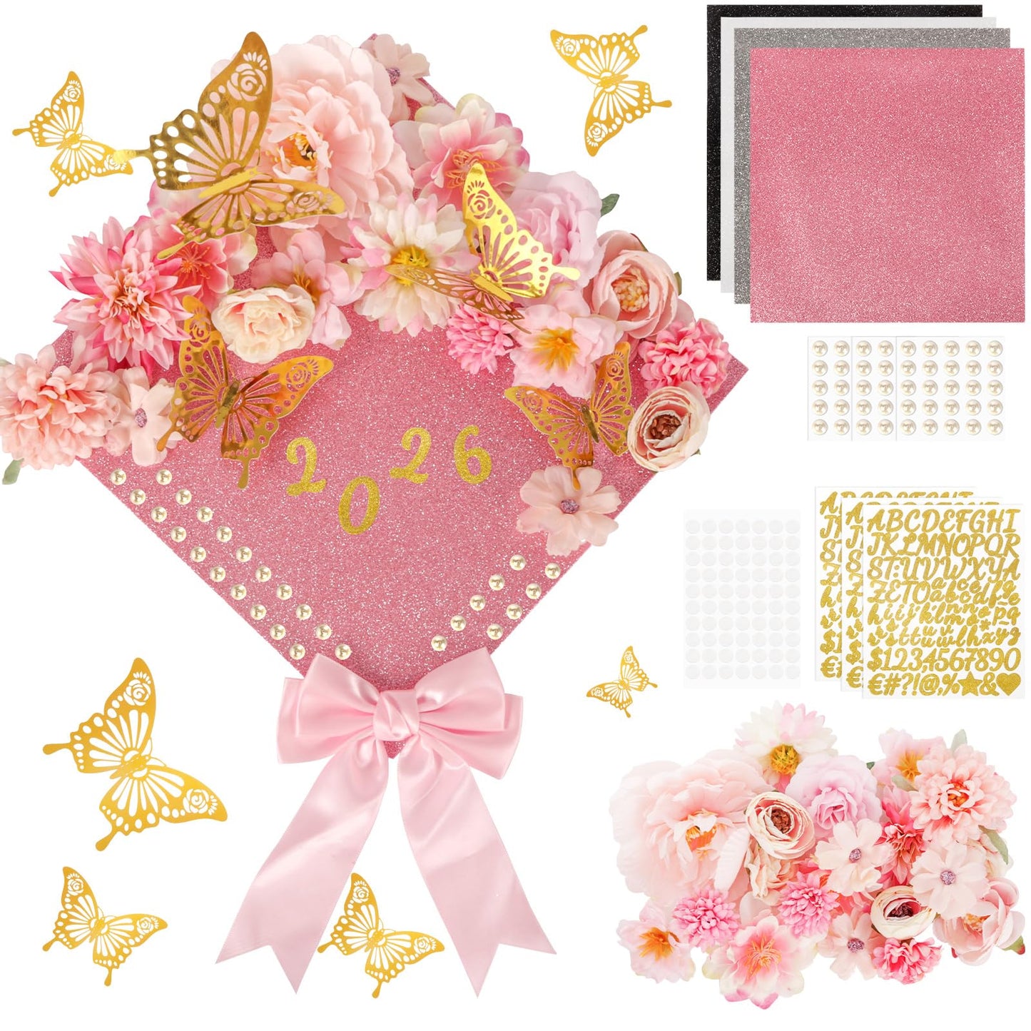 KOILLUXU DIY Graduation Cap Decoration Kit，Faux Flowers, 3D Butterflies, Pearls, Pink Bow, Grad Cap Topper, Letter Sheets & Adhesive Dots for Grad Party