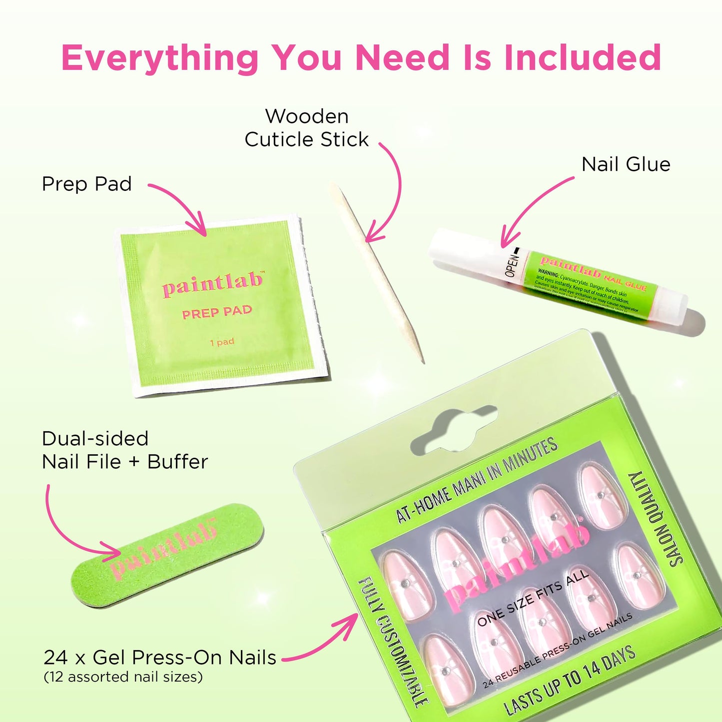 PaintLab Press-On Nails Manicure Kit, Pink Coquette, 24-Piece Set, Long-Lasting Fake Nails with Glue, File, Prep Pad & Cuticle Stick