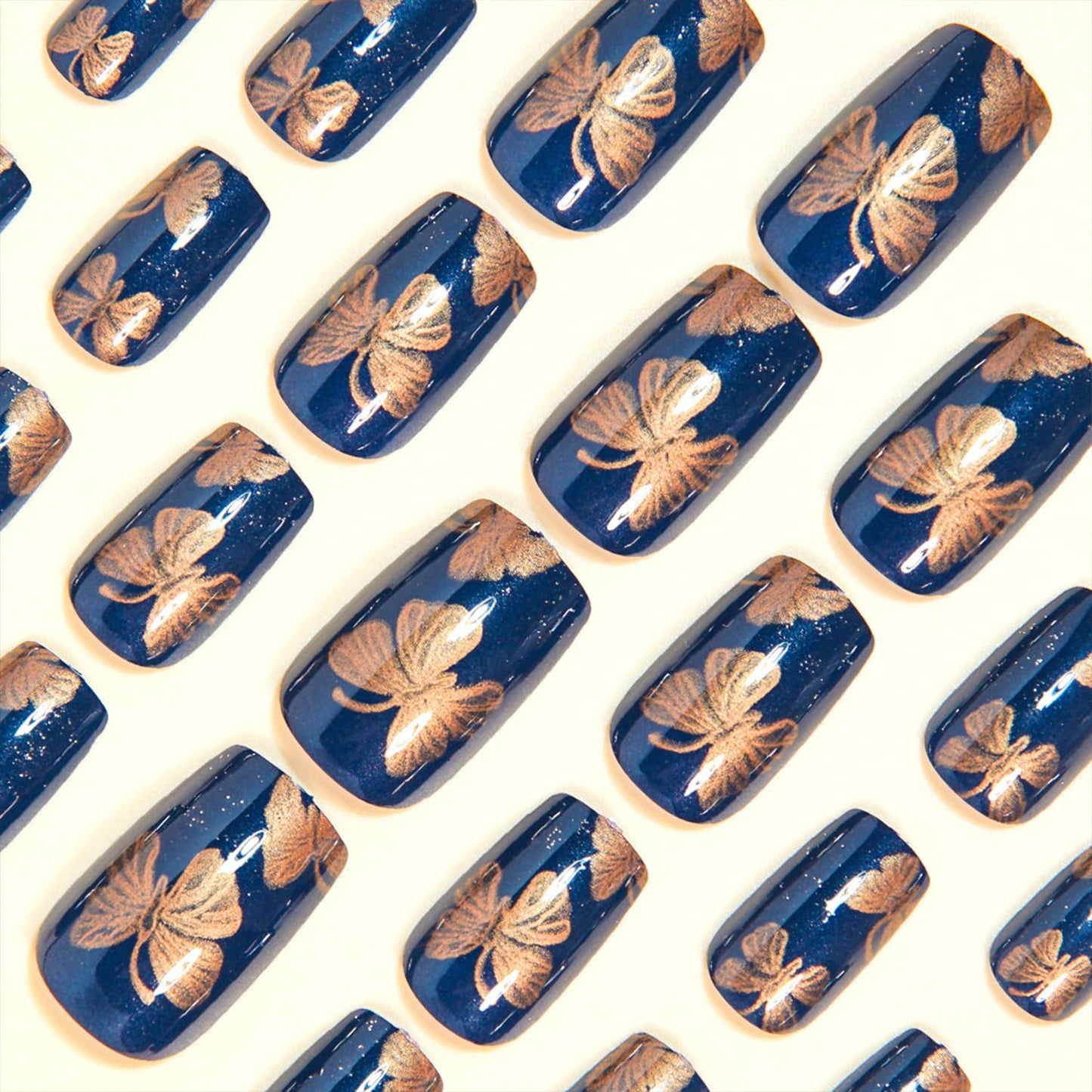 Vopintpy Gold Butterfly Press on Nails Medium Square Fake Nails with Design Glossy Acrylic Glue on Nail Reusable Full Cover Artificial Stick on Nail for Women DIY Manicure